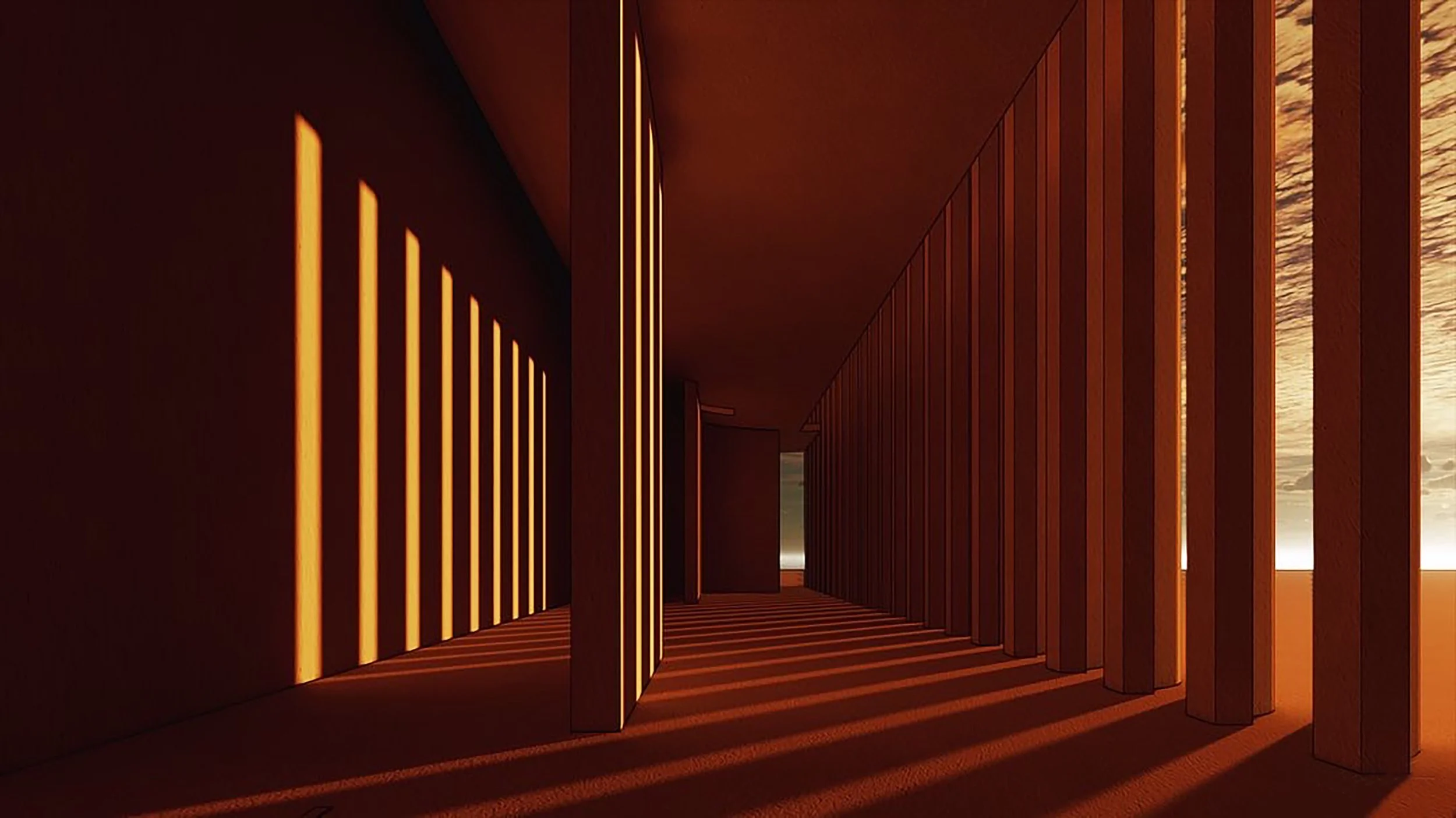 Interior view of a modern building with wooden vertical slats, warm lighting, and sunlight casting shadows on the floor.