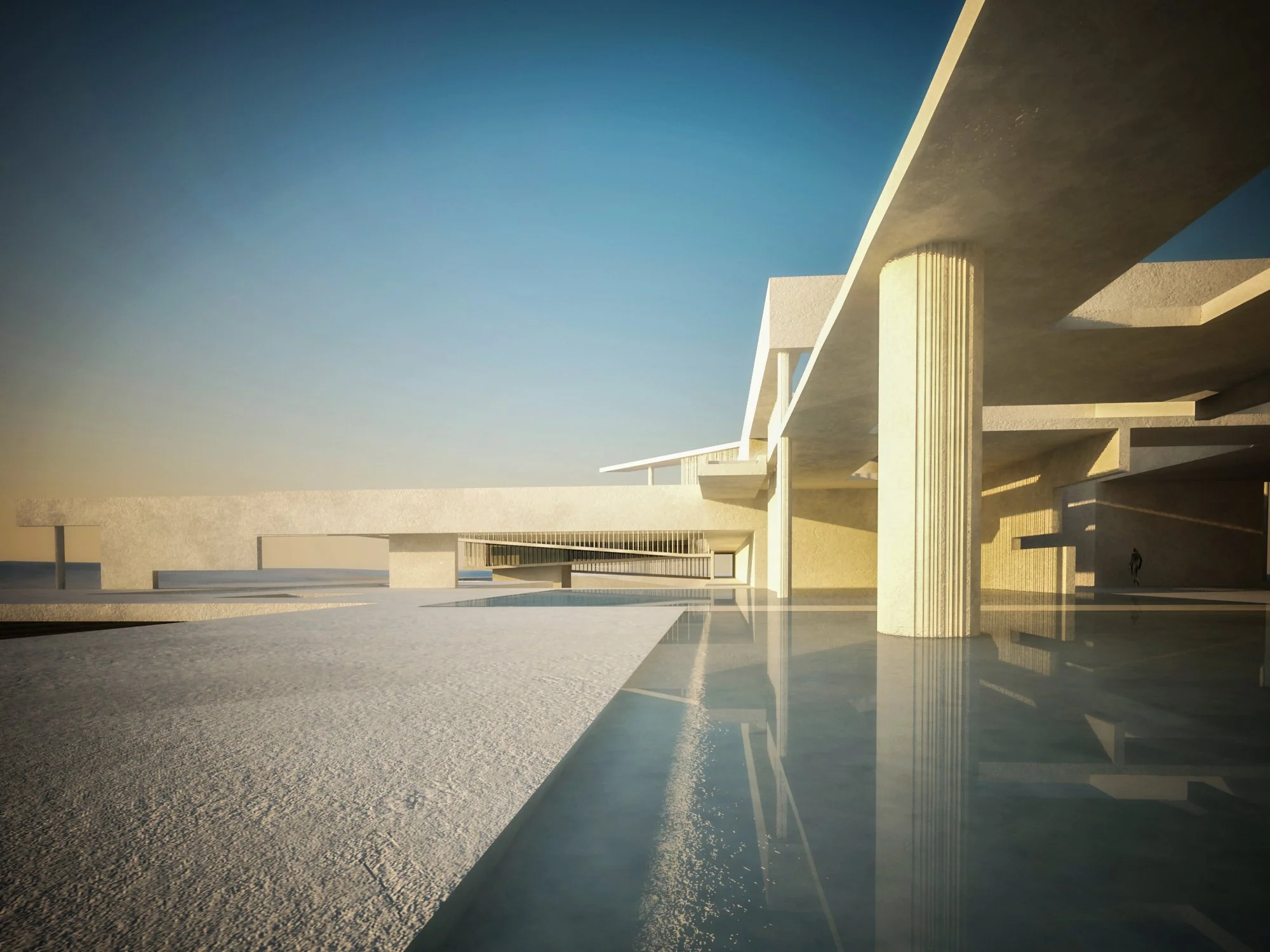 Modern building with white concrete structure, pillars, and a reflective water surface, under a clear blue sky at sunset.