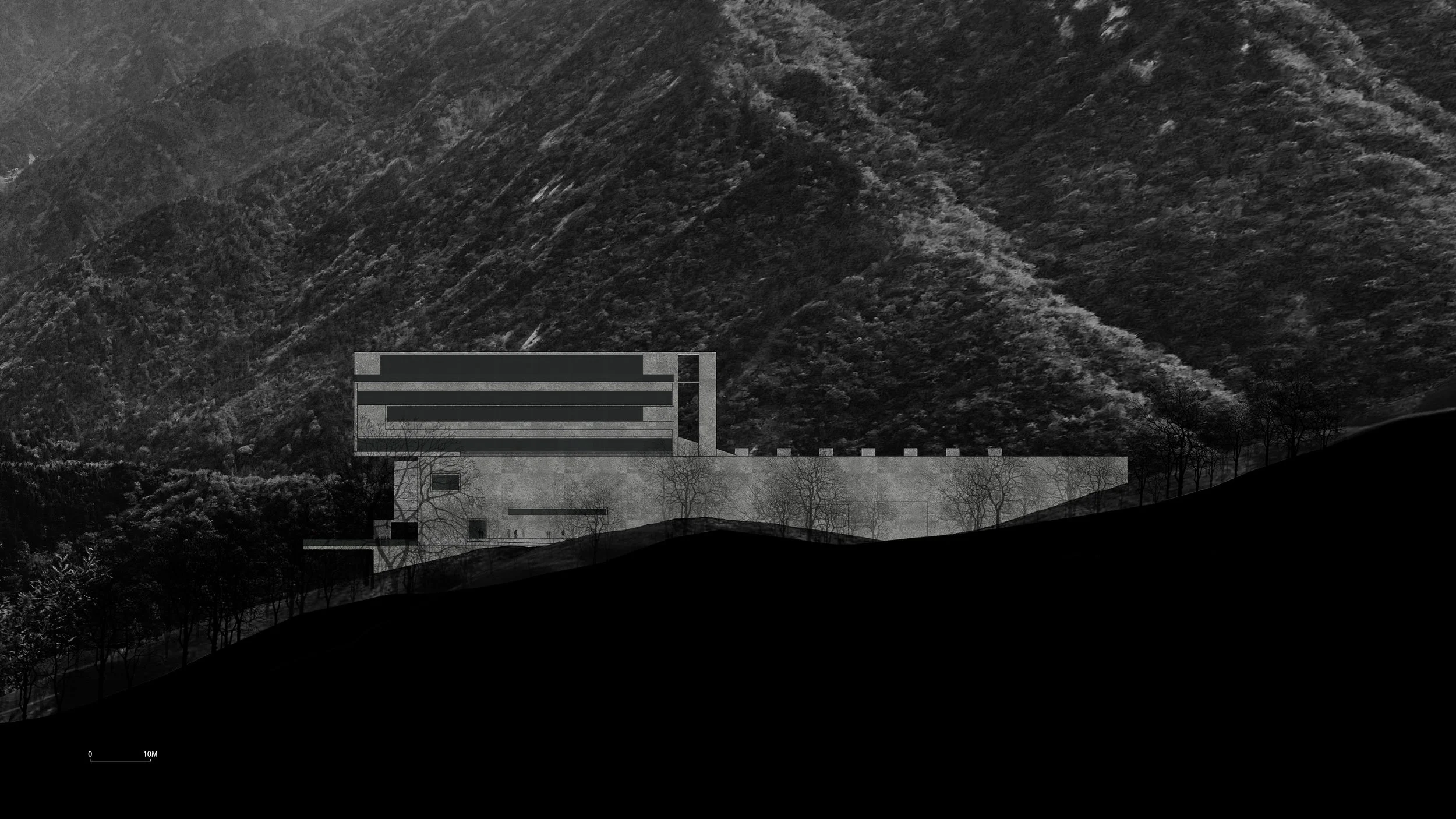 Black and white rendering of a modern building set against a mountainous landscape with trees, showing the building's architectural design.