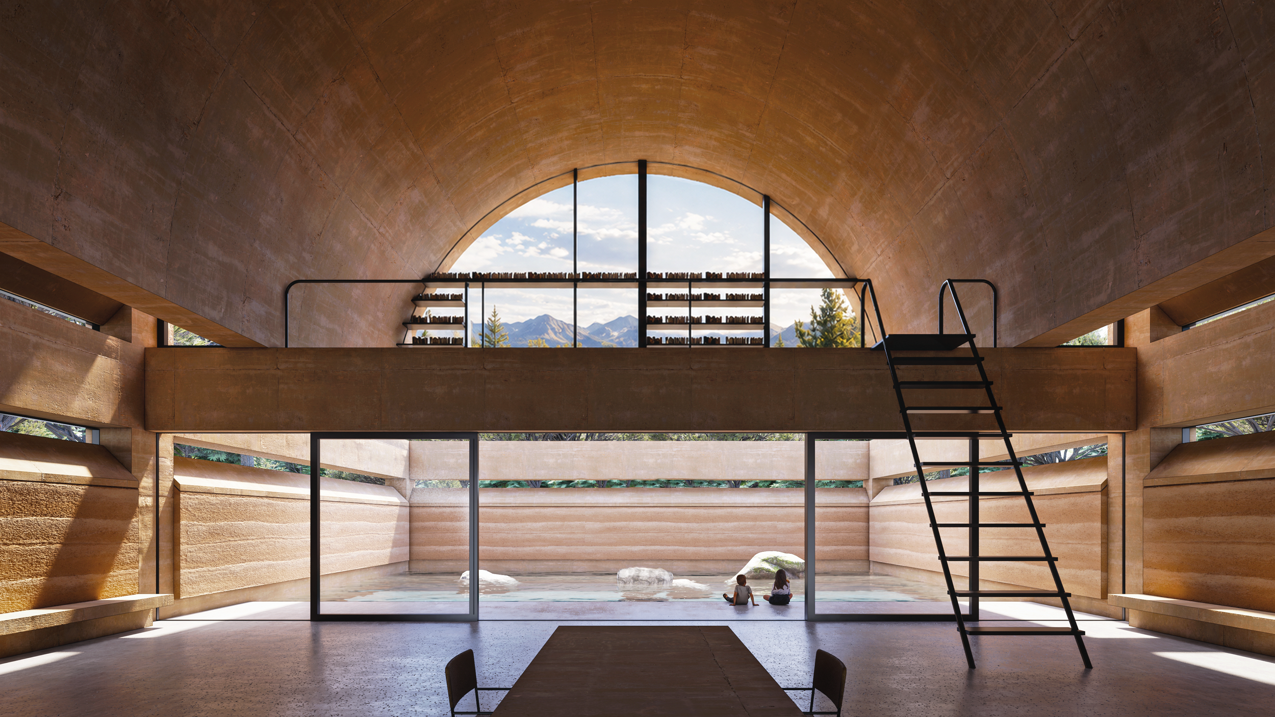 Interior view of a modern building with curved wooden ceiling, large glass window showing mountains and sky, and children sitting near a water feature.