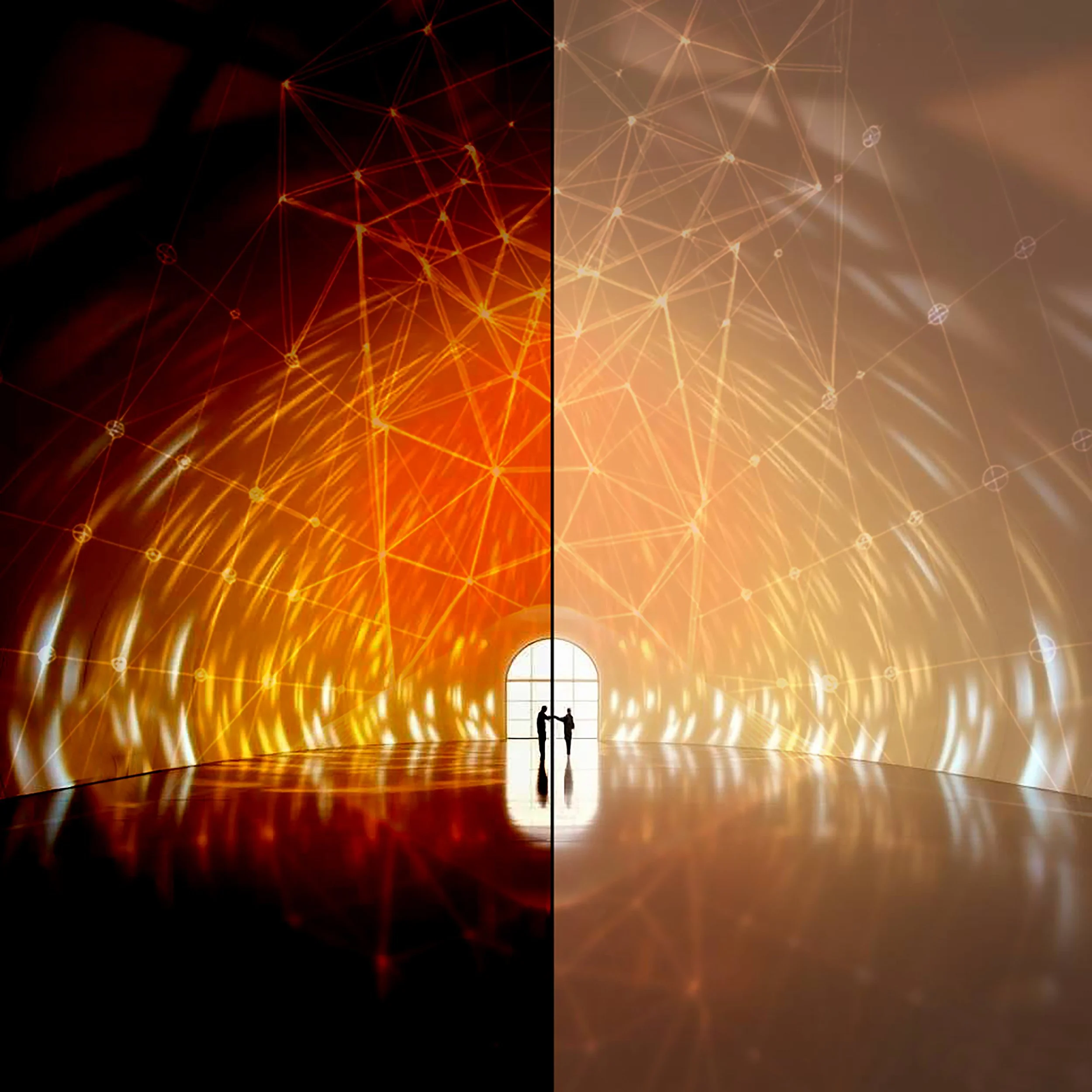 Two people standing in front of a large wall of glowing network nodes and connections, with a window in the background and the network split into a red glowing side and a beige glowing side.