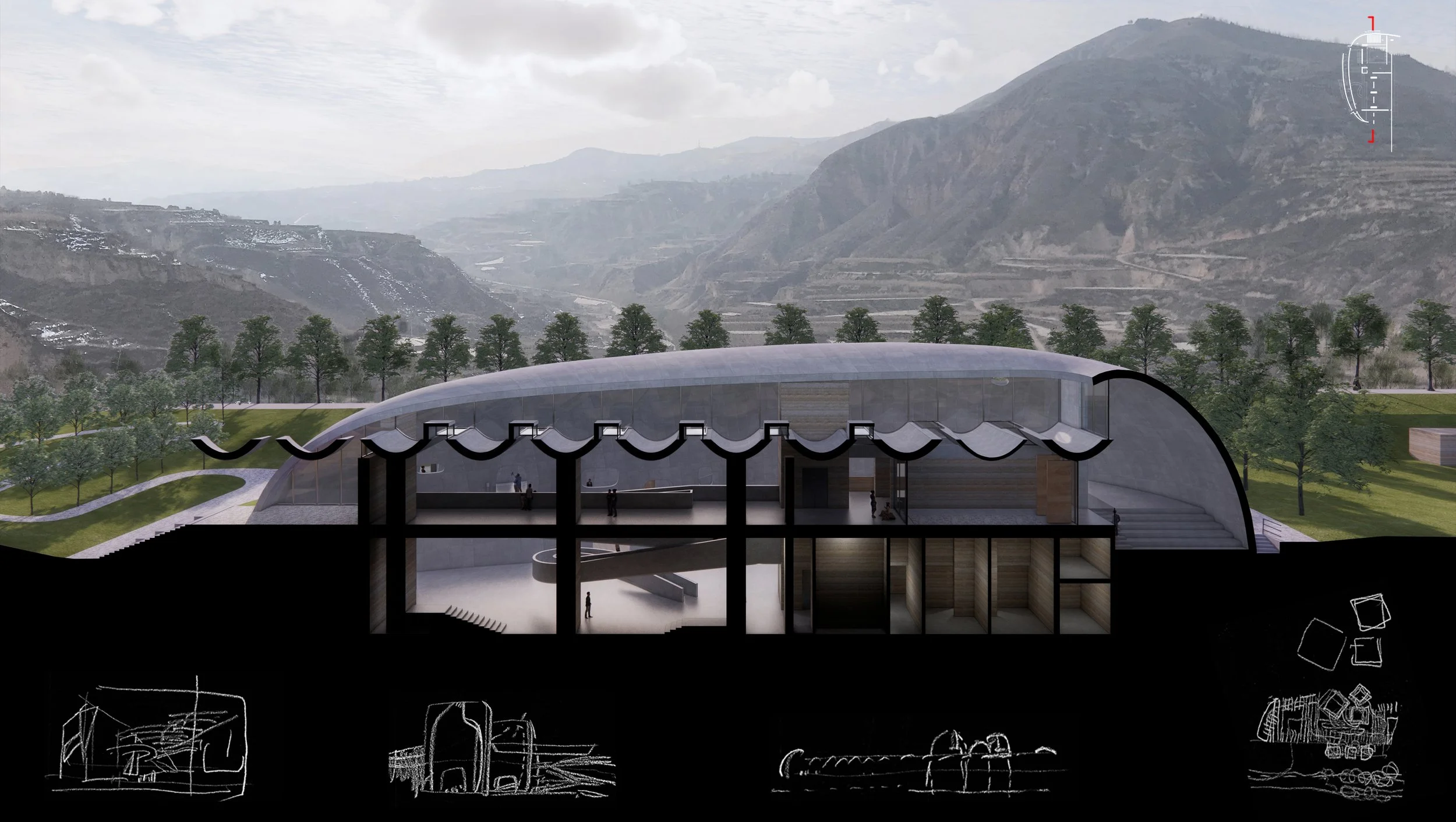 Cross-sectional architectural rendering of a modern building with a curved roof, situated in a mountainous area with trees and terraced landscape in the background.