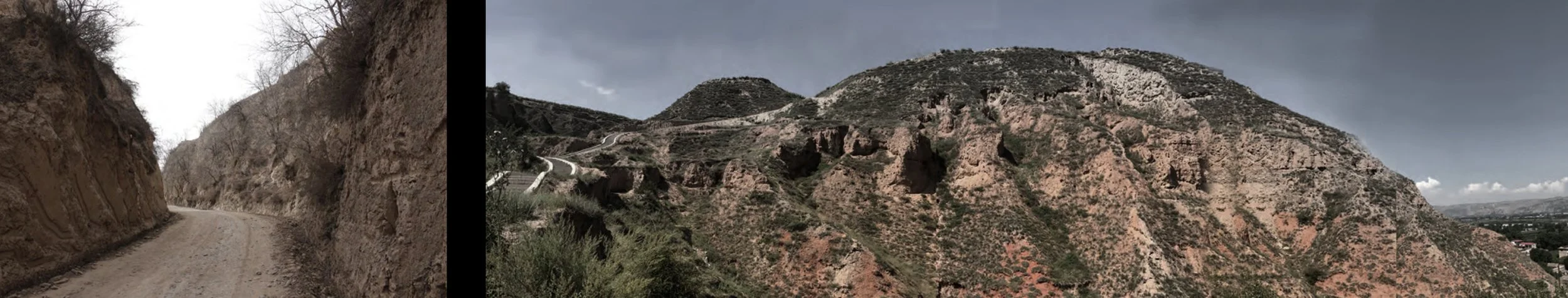 A split view of a rocky, mountainous landscape with a dirt path through a canyon on the left and a wide view of rugged hills on the right under a cloudy sky.
