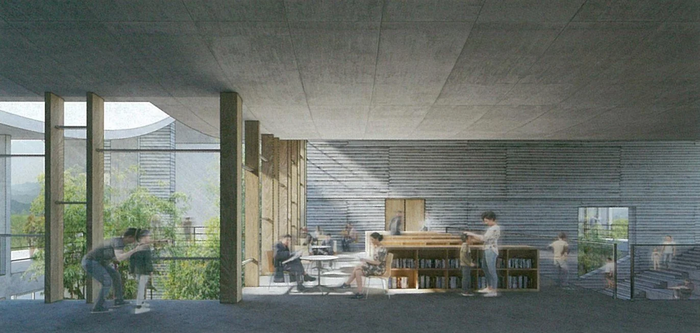 People reading, working, and socializing in a modern, open-concept library with large windows, wooden accents, and bookshelves.