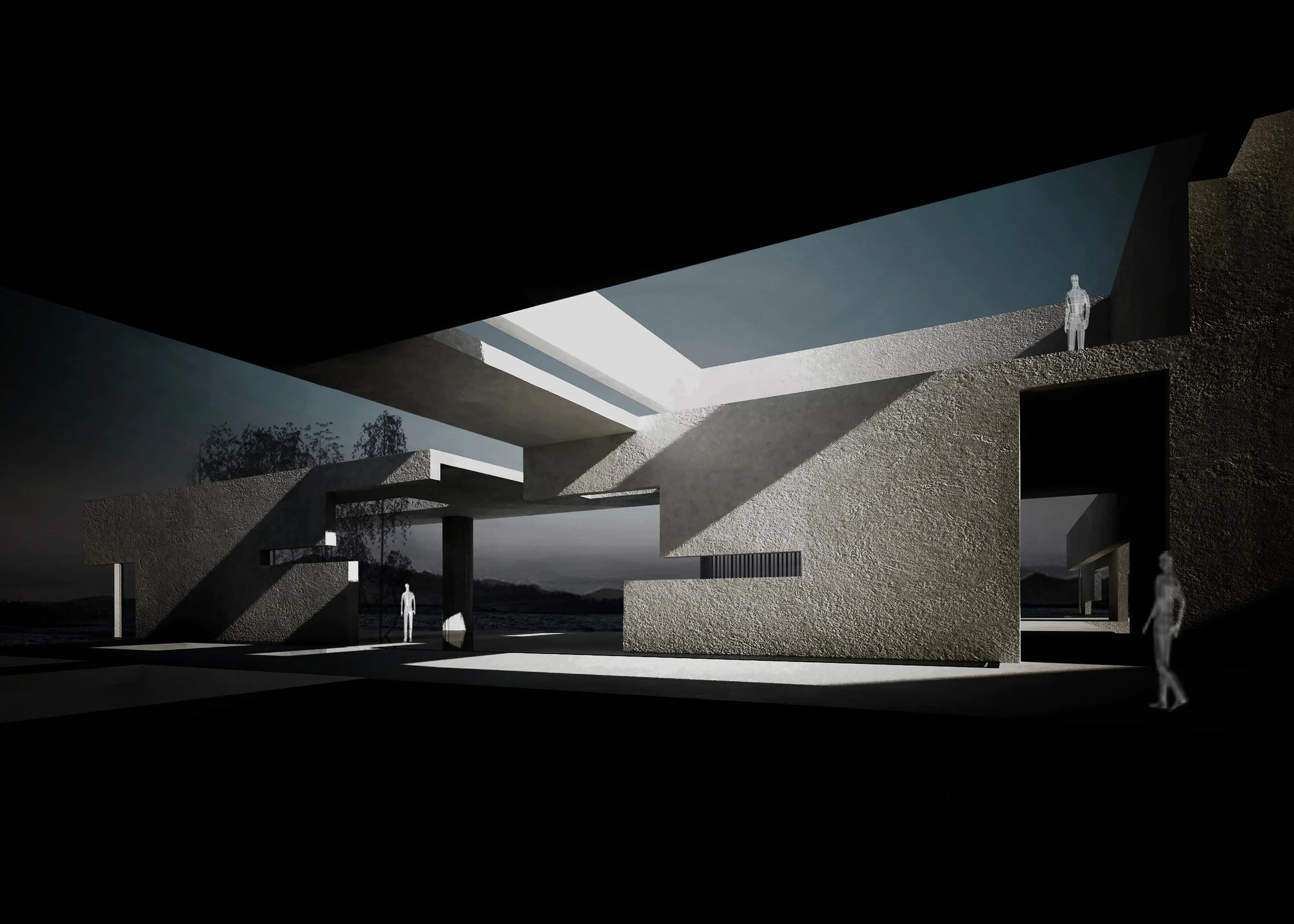 Modern architectural building with large overhangs and multiple levels, featuring concrete textures and sparse human figures, set against a cloudy sky.