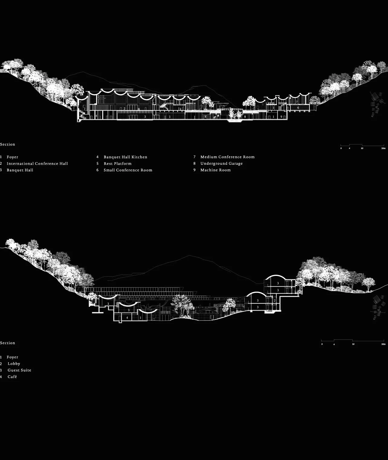 Architectural section drawings of a building with labeled areas, trees, and mountains in the background.
