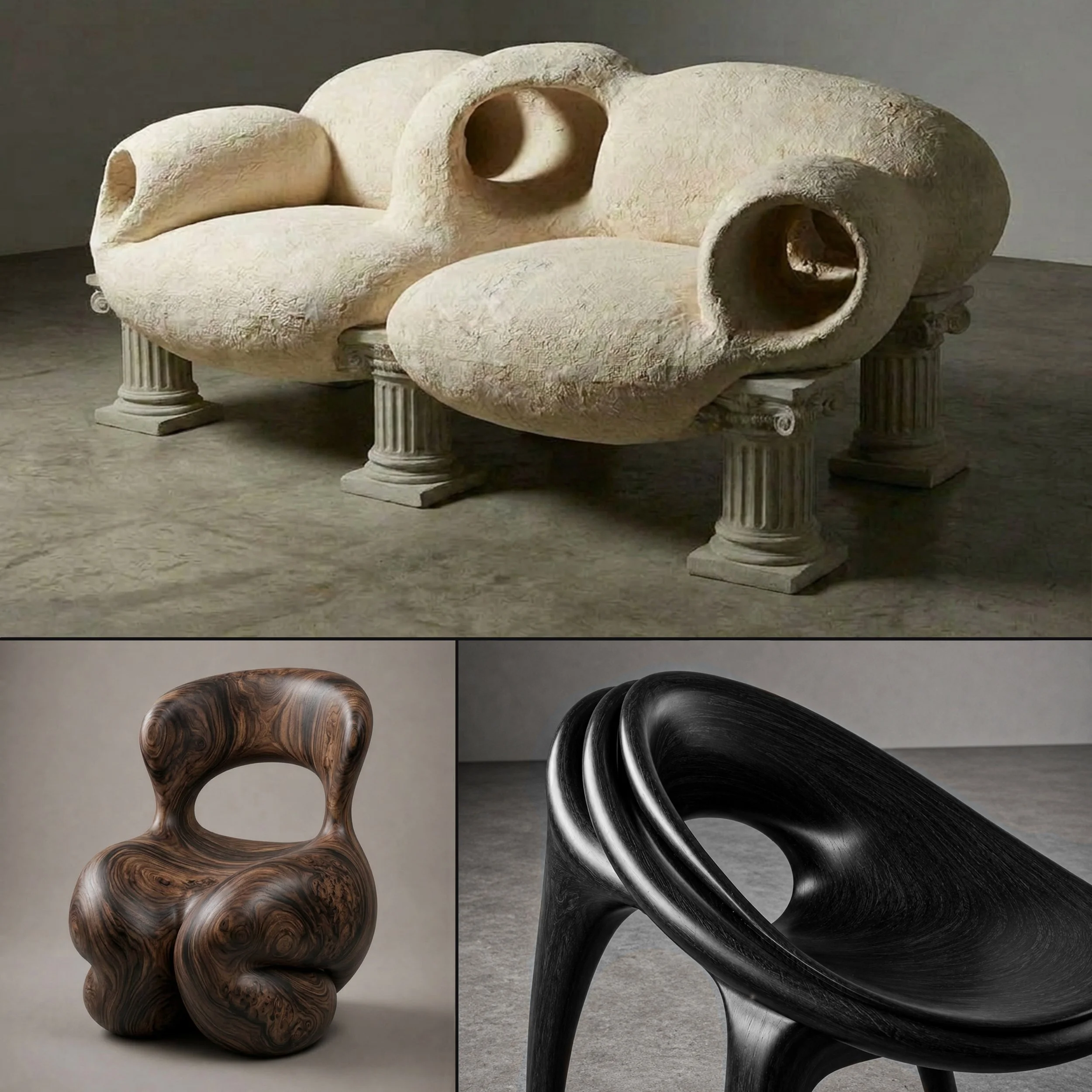 Four furniture pieces inspired by classical sculptures, featuring curvaceous shapes and intricate patterns, arranged against a neutral background.