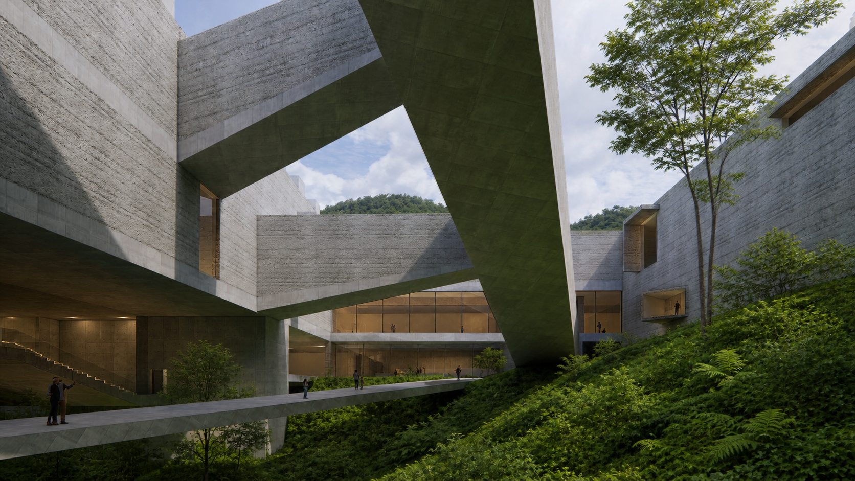 Modern architectural courtyard with concrete structures, large overhangs, and open windows, surrounded by greenery and trees under a partly cloudy sky.