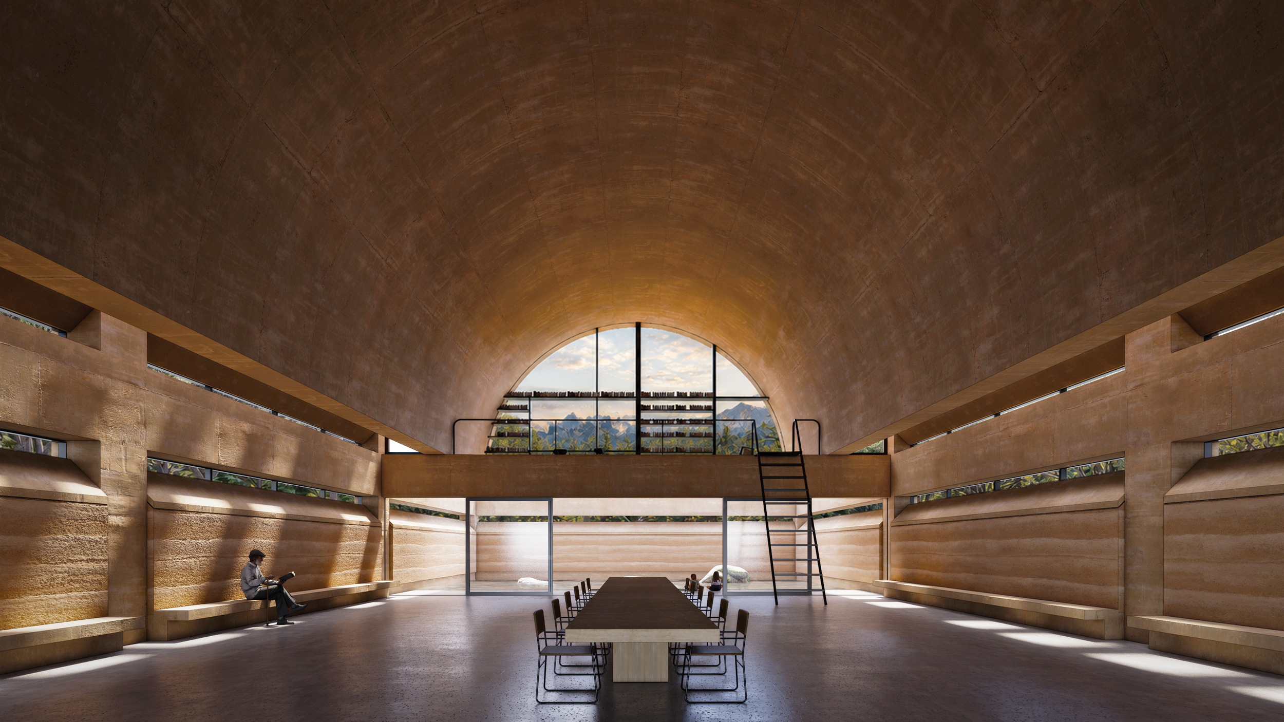 Interior of a modern building with a high, curved ceiling and large windows showing a mountain view, featuring a long table with chairs, a person reading, and a ladder leading up to a second level.