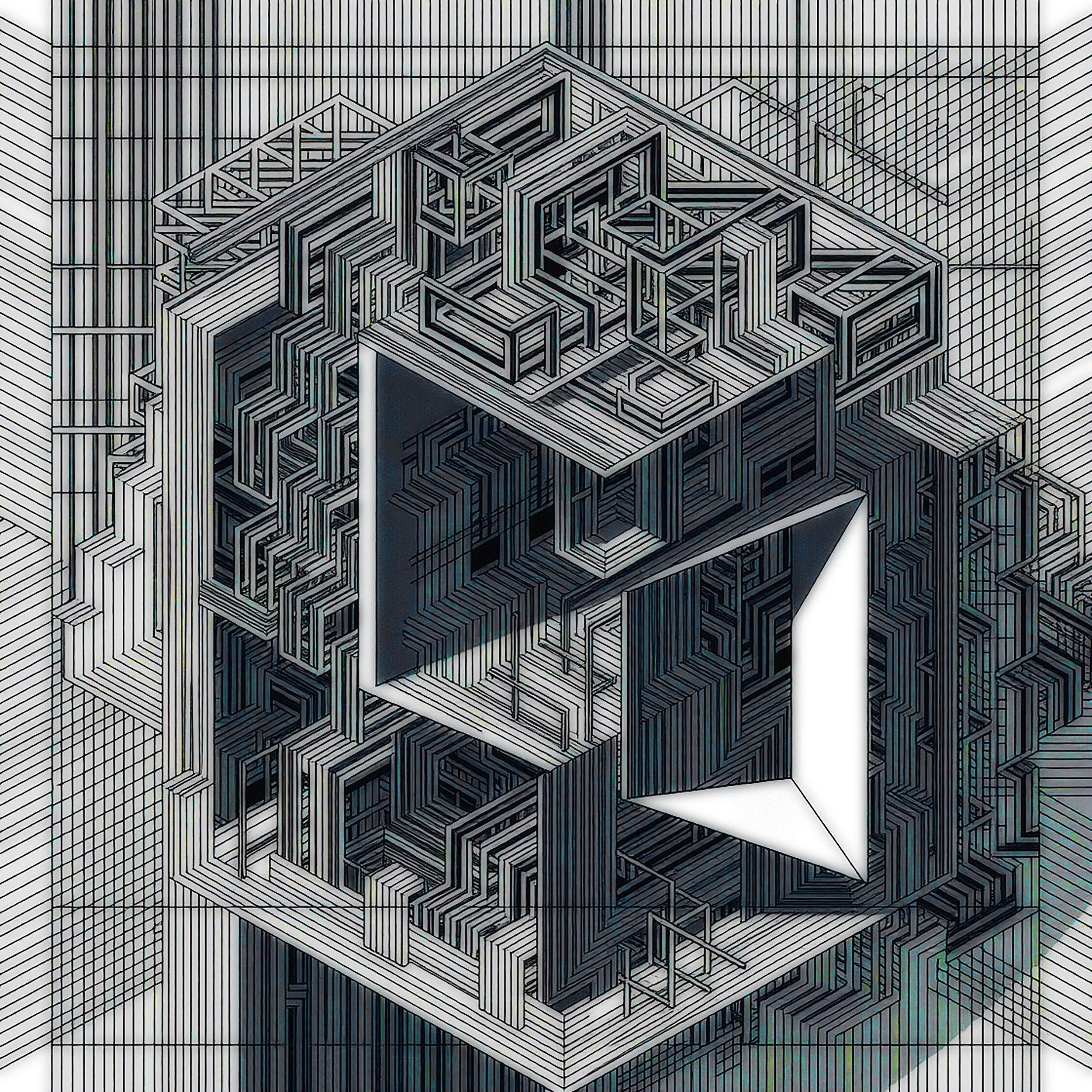 The image features a digital illustration of a complex geometric 3D maze built within a cube, with intricate lines and patterns creating an optical illusion effect.