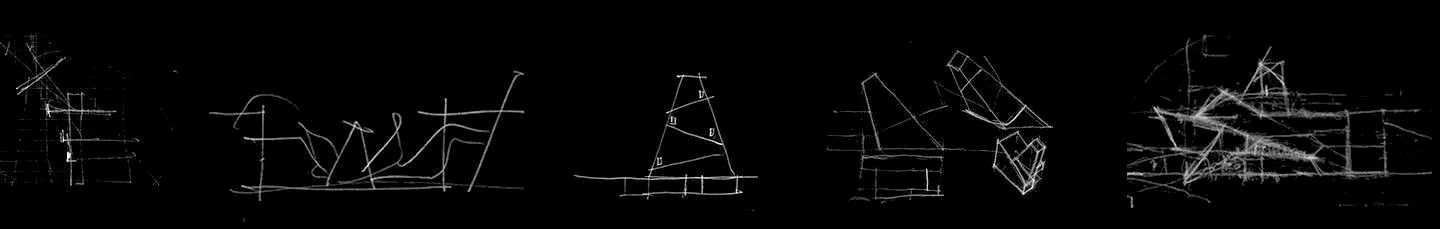 Abstract white line drawings on a black background resembling architectural or geometric sketches.