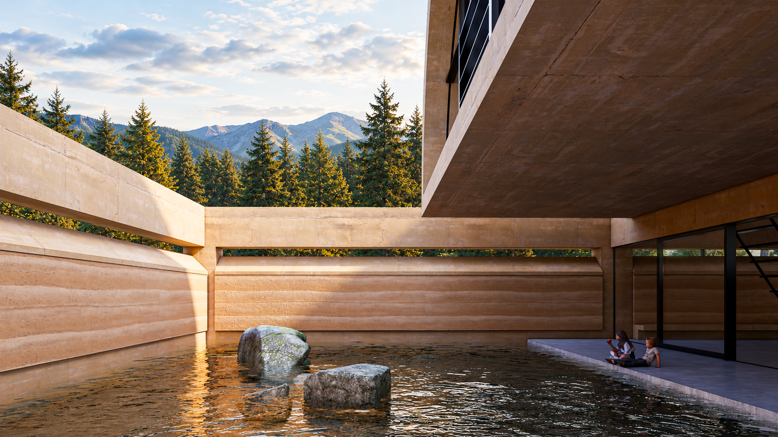 Modern architectural design with large concrete walls and a water feature, set against a backdrop of forest and mountains under a partly cloudy sky. Two children are sitting on the edge of the water feature, one holding a red apple.