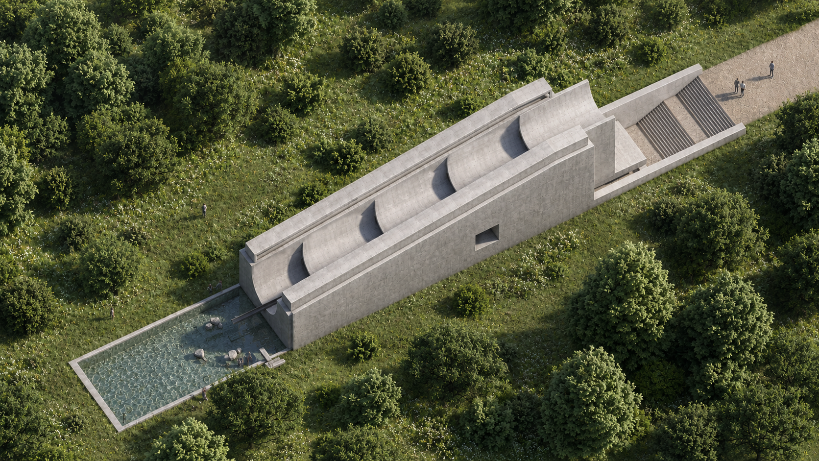 Aerial view of a modern concrete building with curved roof sections, surrounded by trees and greenery, with a small pool and a few people nearby.