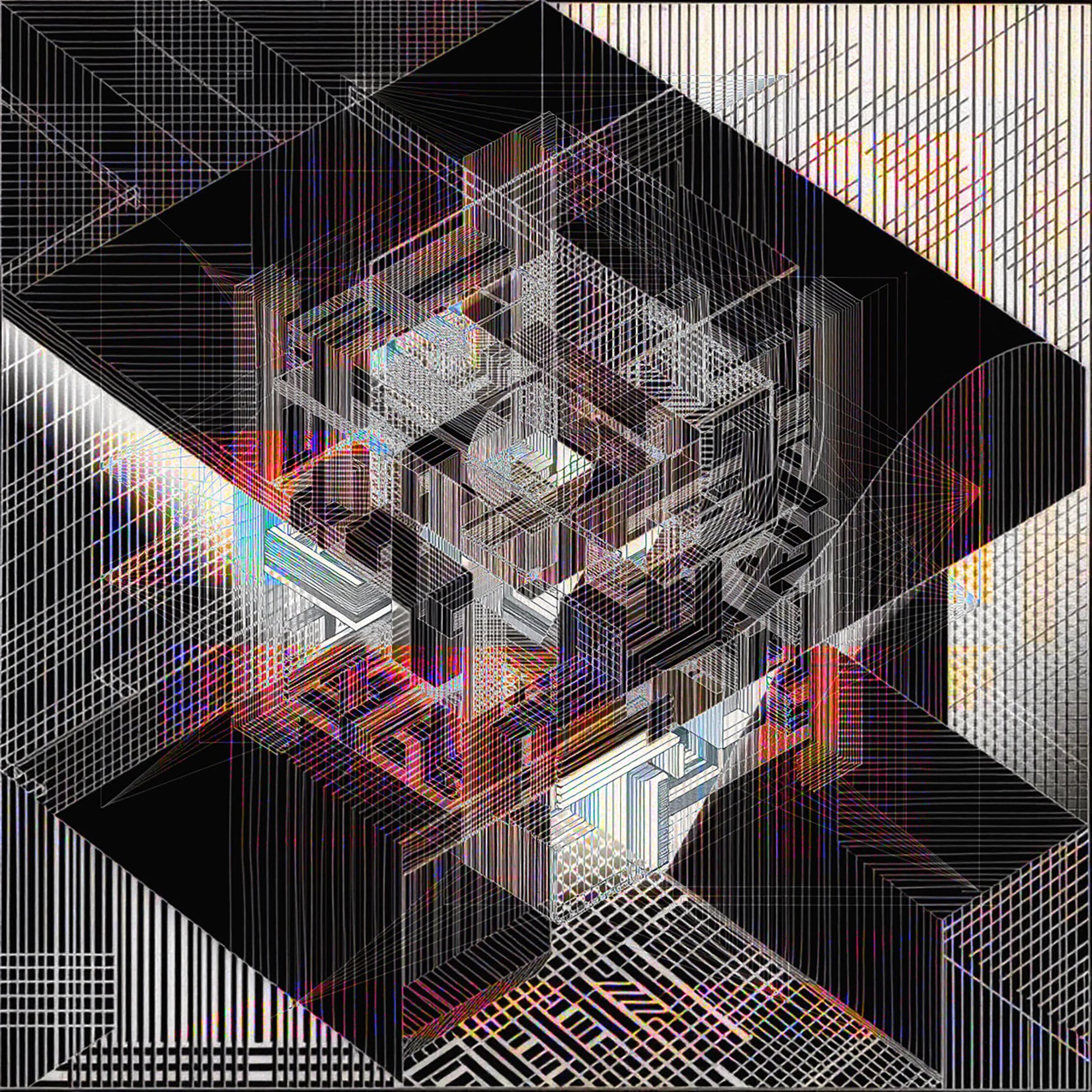 Abstract digital art with a three-dimensional geometric grid structure made of colorful lines and wireframes on a black background.