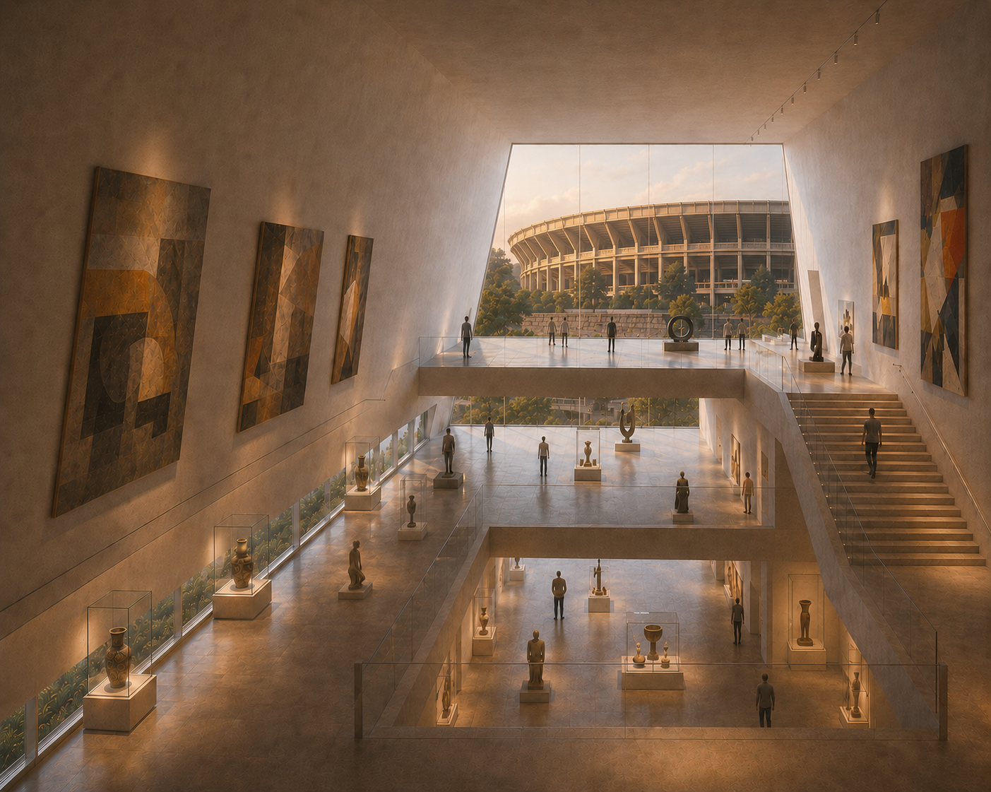 Interior view of a modern art museum with multiple floors, sculptures on display, abstract paintings on the walls, and large windows showing an outdoor stadium and trees at sunset.
