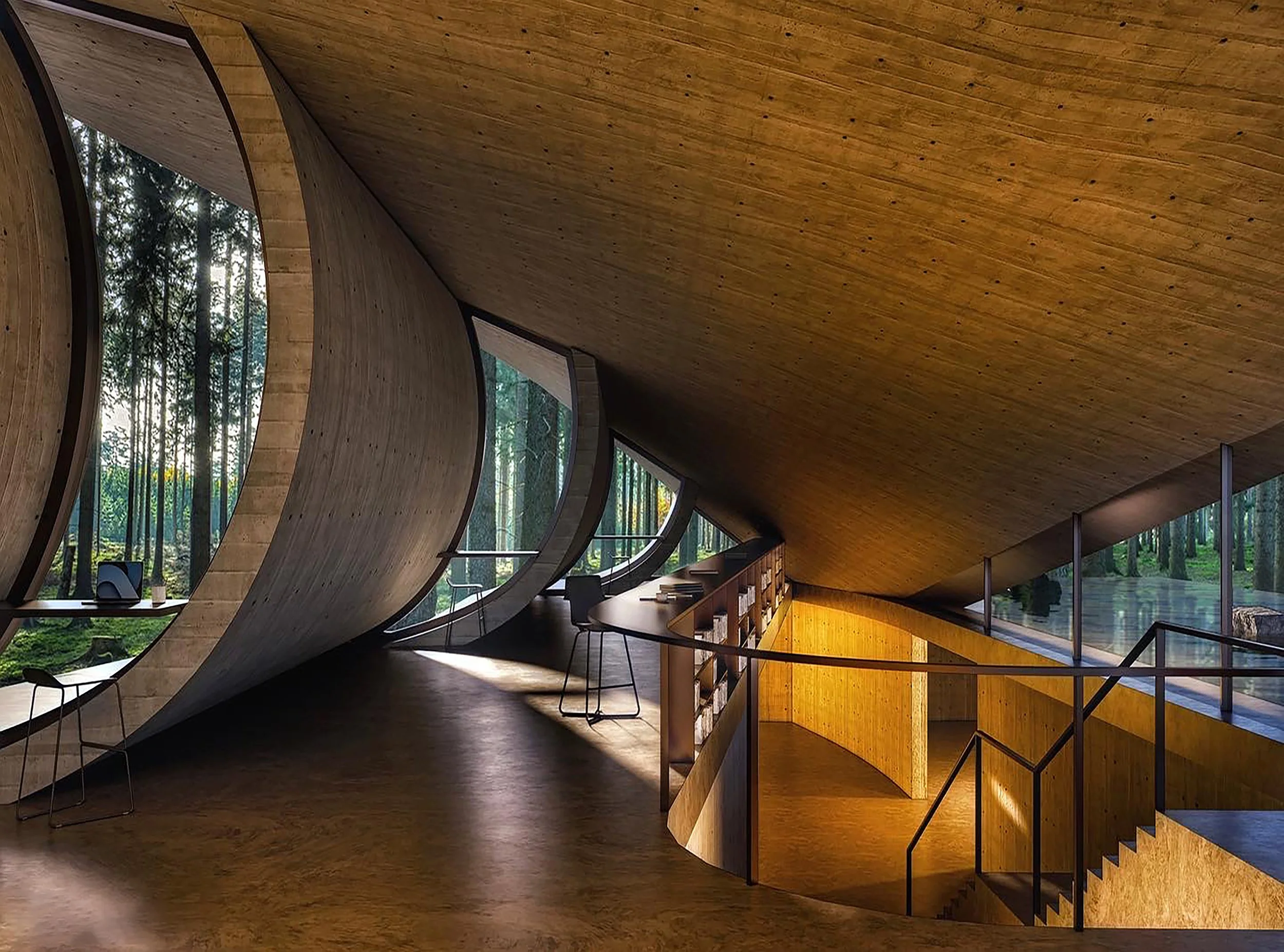 Interior view of a modern building with curved wooden walls and large windows showing trees outside, with a staircase and seating area visible.
