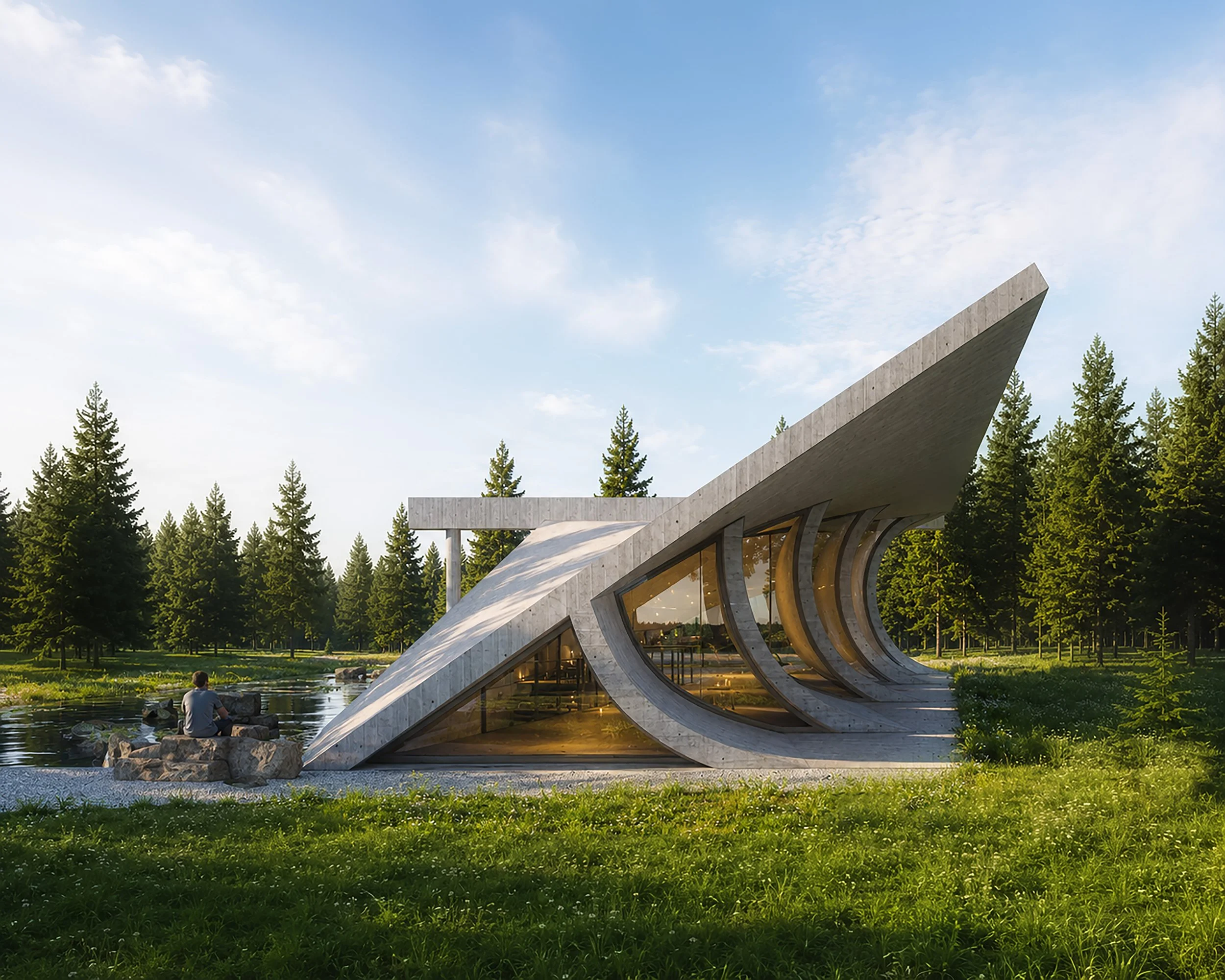 A modern building with a curved concrete roof surrounded by green forest and a small pond with a person sitting on rocks nearby.