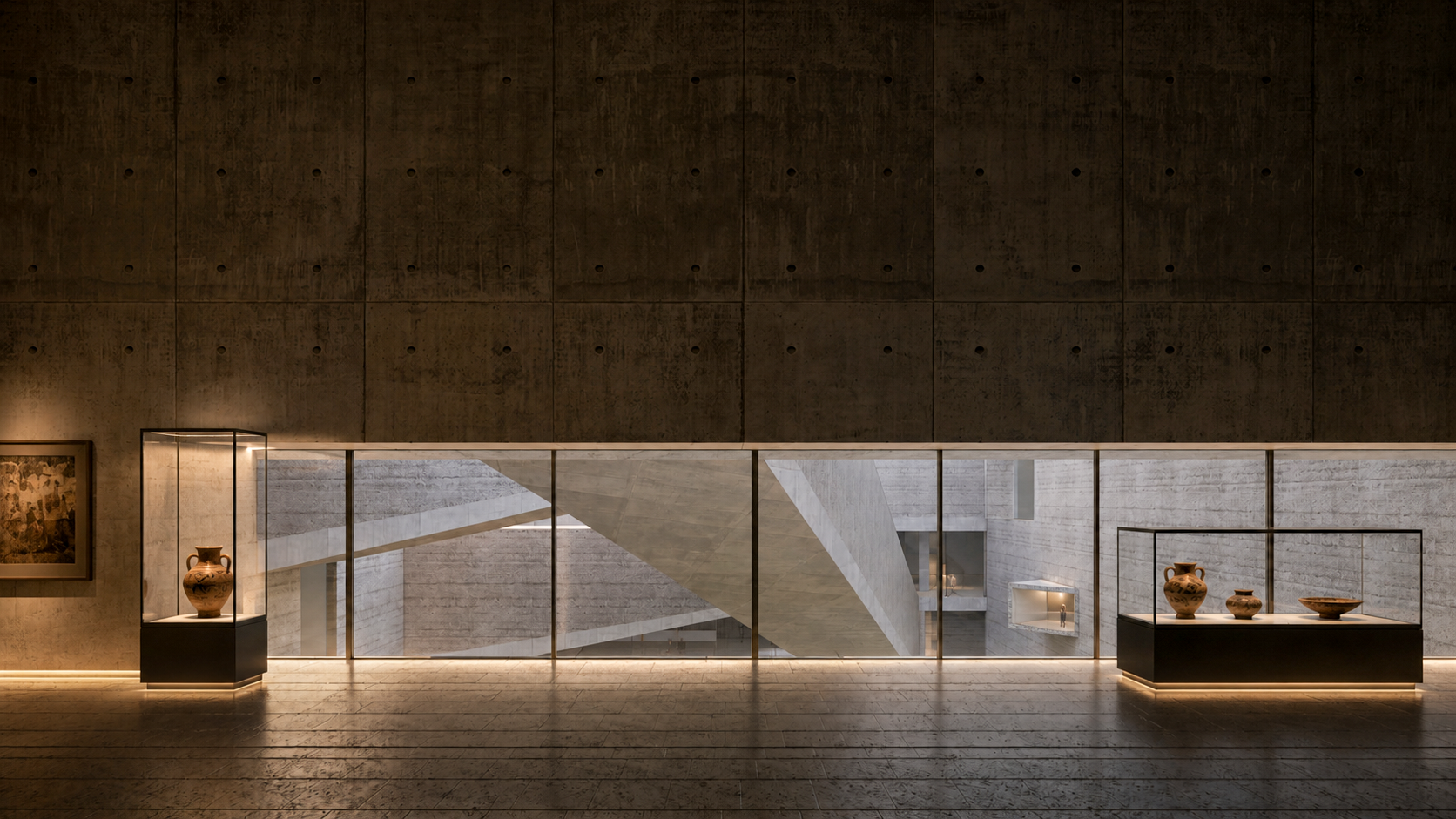 Interior of a modern museum with display cases of ancient pottery, concrete wall background, and geometric architectural design elements.