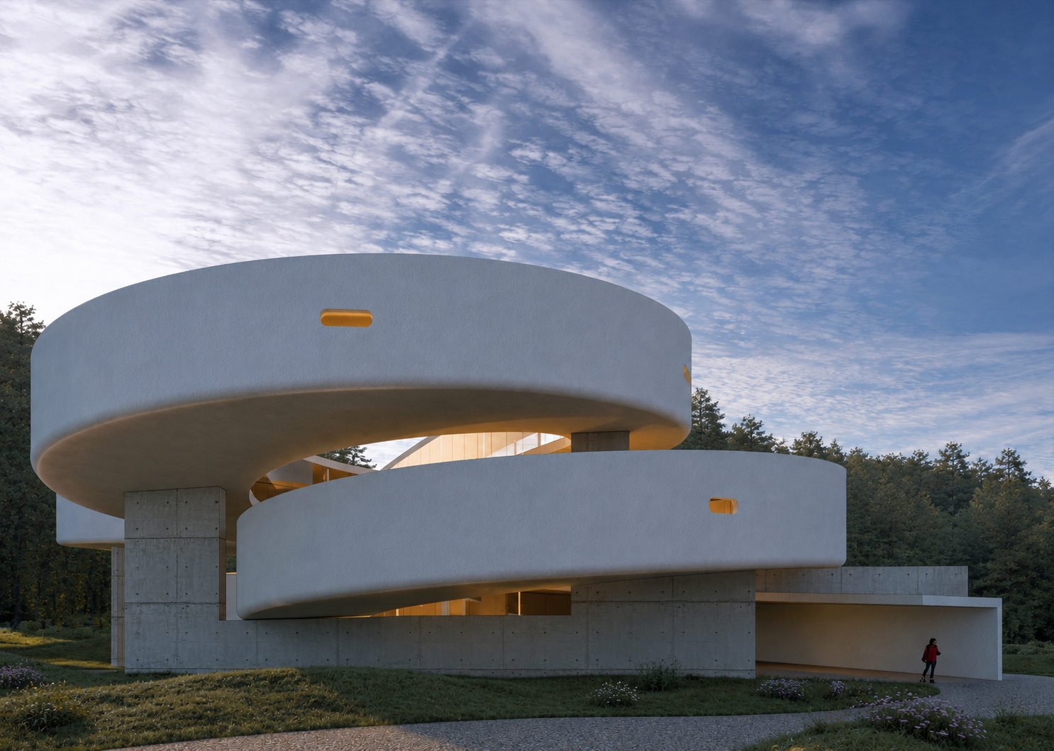 Modern white building with circular design, concrete pillars, illuminated interior, surrounded by greenery and a cloudy sky at dusk, with a person walking nearby.