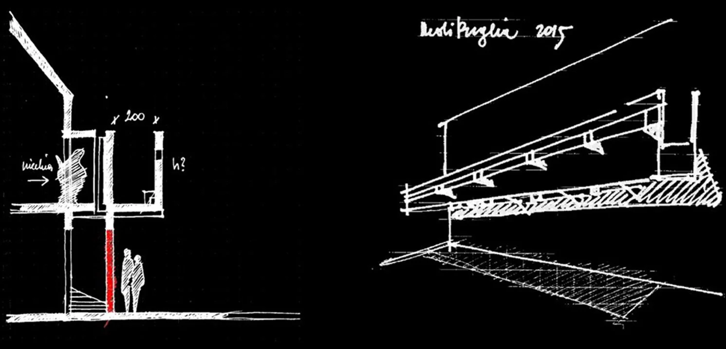 Two architectural sketches on a black background; the left sketch shows a cross-section of a building with dimensions, stairs, and a person standing at the bottom, with writing indicating measurements; the right sketch depicts a perspective view of a roof or deck structure with support beams.