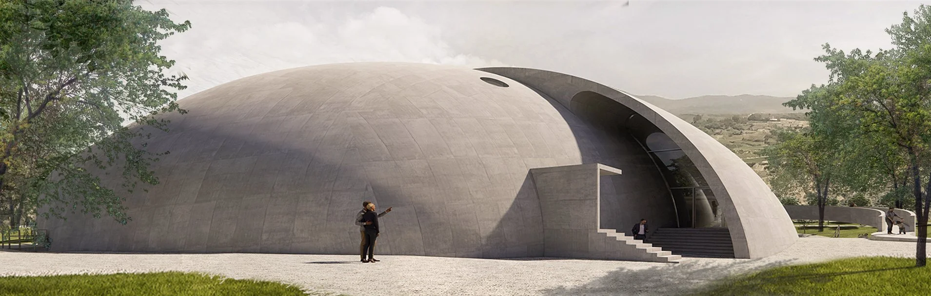 A modern, dome-shaped concrete building with steps leading to the entrance, surrounded by trees and a landscape in the background, with a few people near the building.