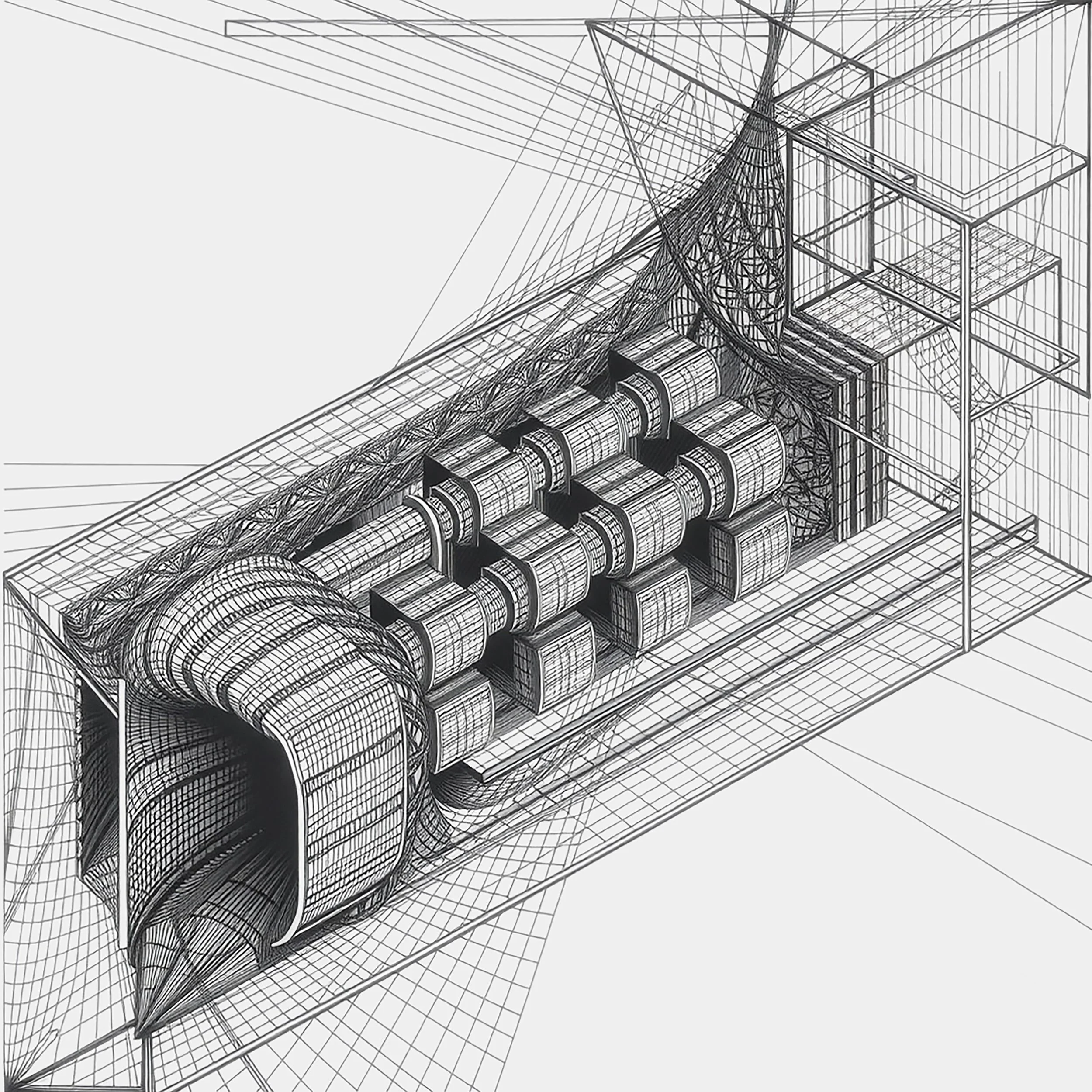 Wireframe architectural drawing of a cityscape with buildings and structures in black lines.
