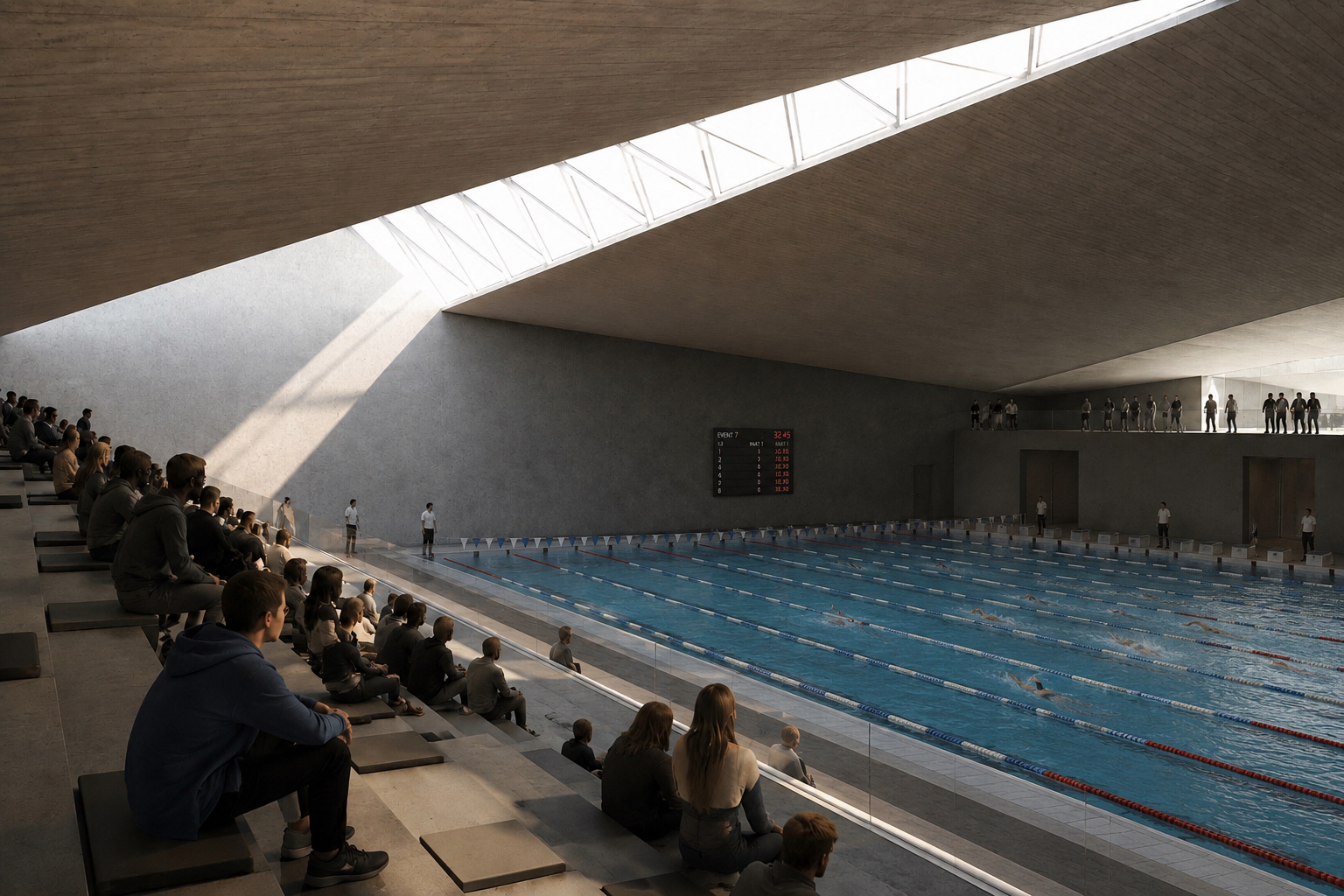 Indoor swimming pool with spectators seated on tiered steps watching a race, with some swimmers in the water and an electronic scoreboard on the wall.