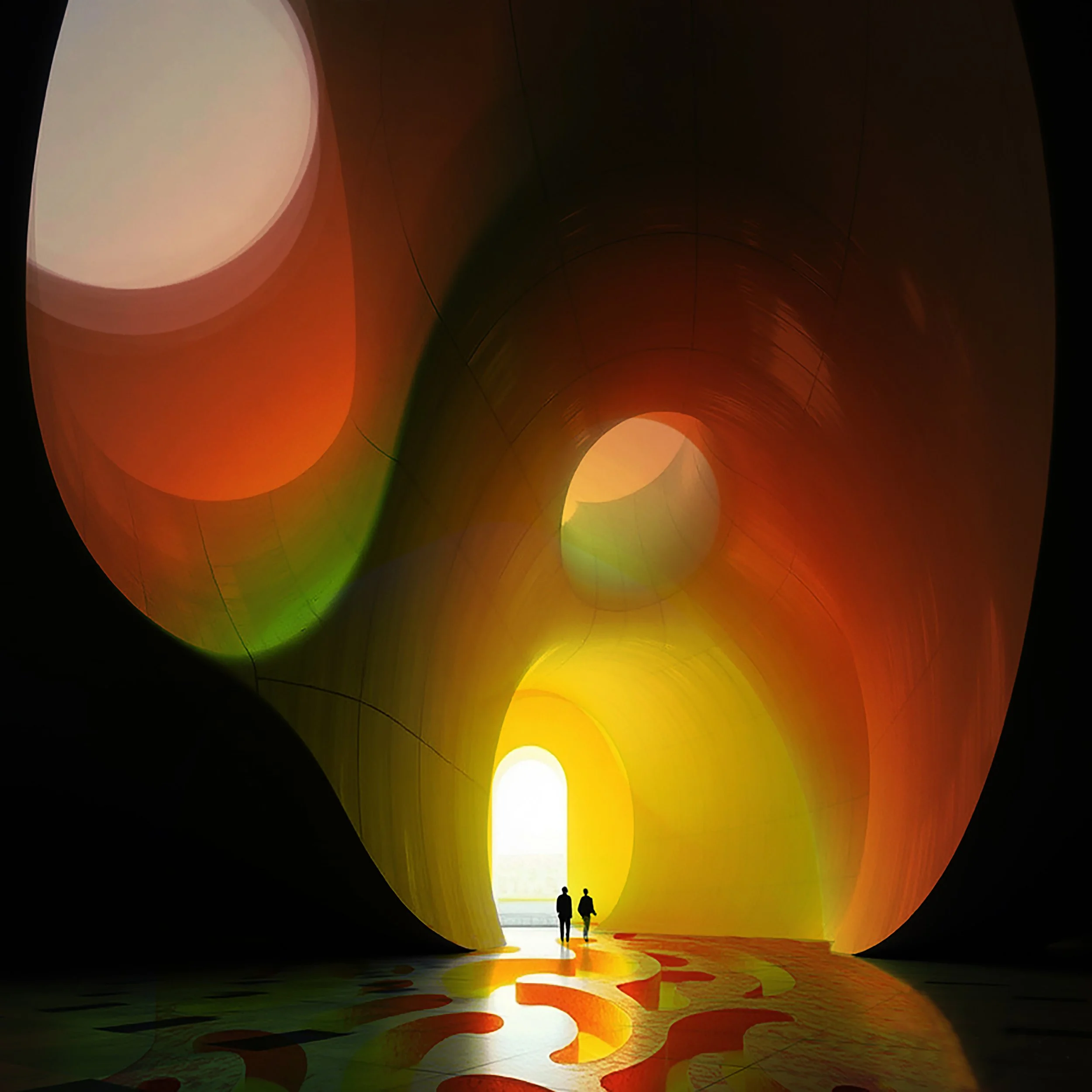 Two people walking through a colorful tunnel with a large circular opening at the end, illuminated by bright yellow light.