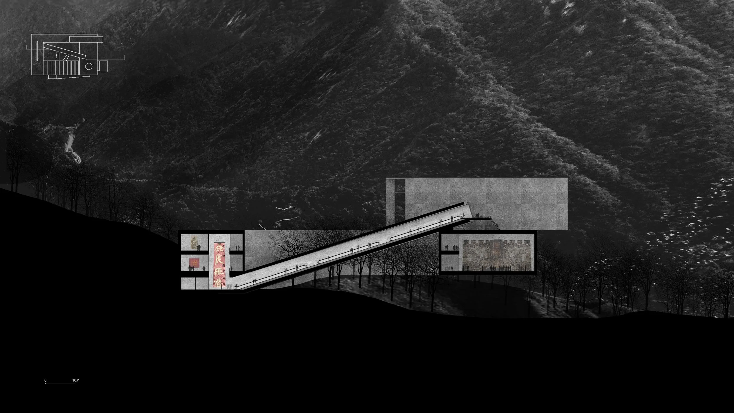 Architectural drawing of a building with a sloped rooftop integrated into a hillside, showing interior layouts and cross-sections, set against a mountainous landscape with trees and terrain.