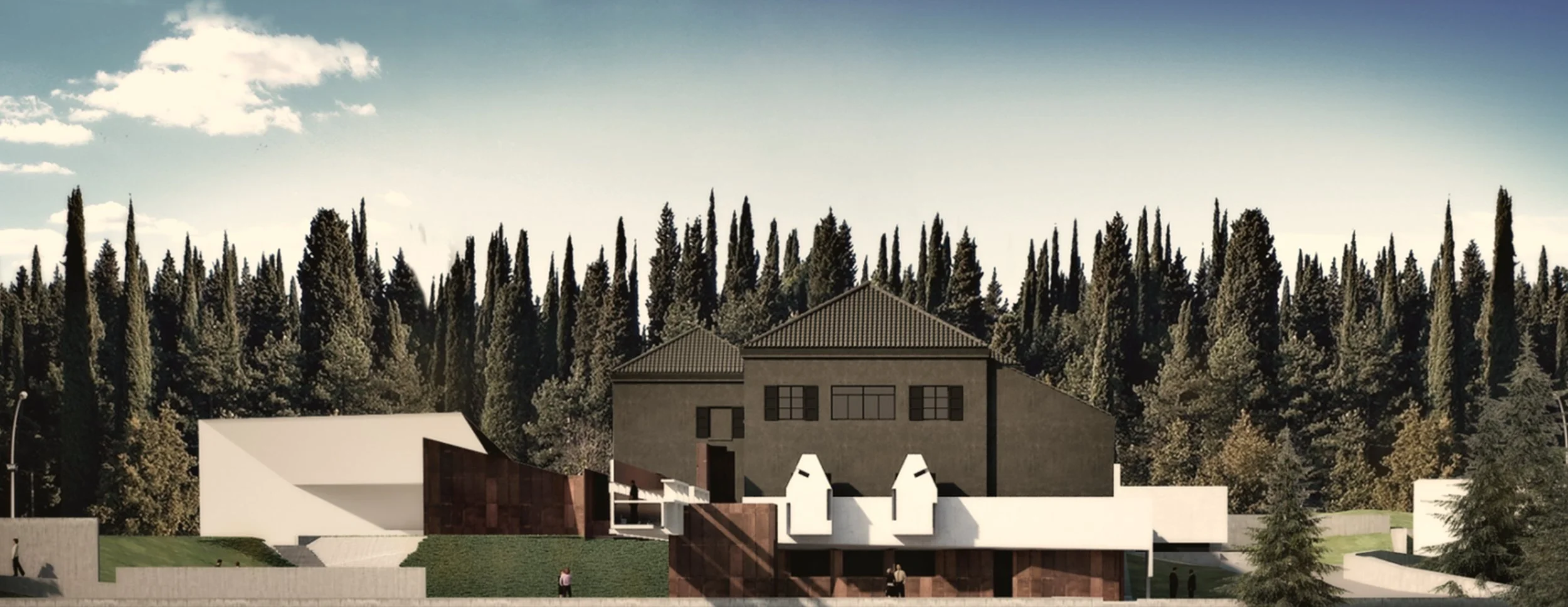 A modern residential building design with a tall gray house, white and rust-colored structures, set against a background of dense tall green trees and a partly cloudy sky.
