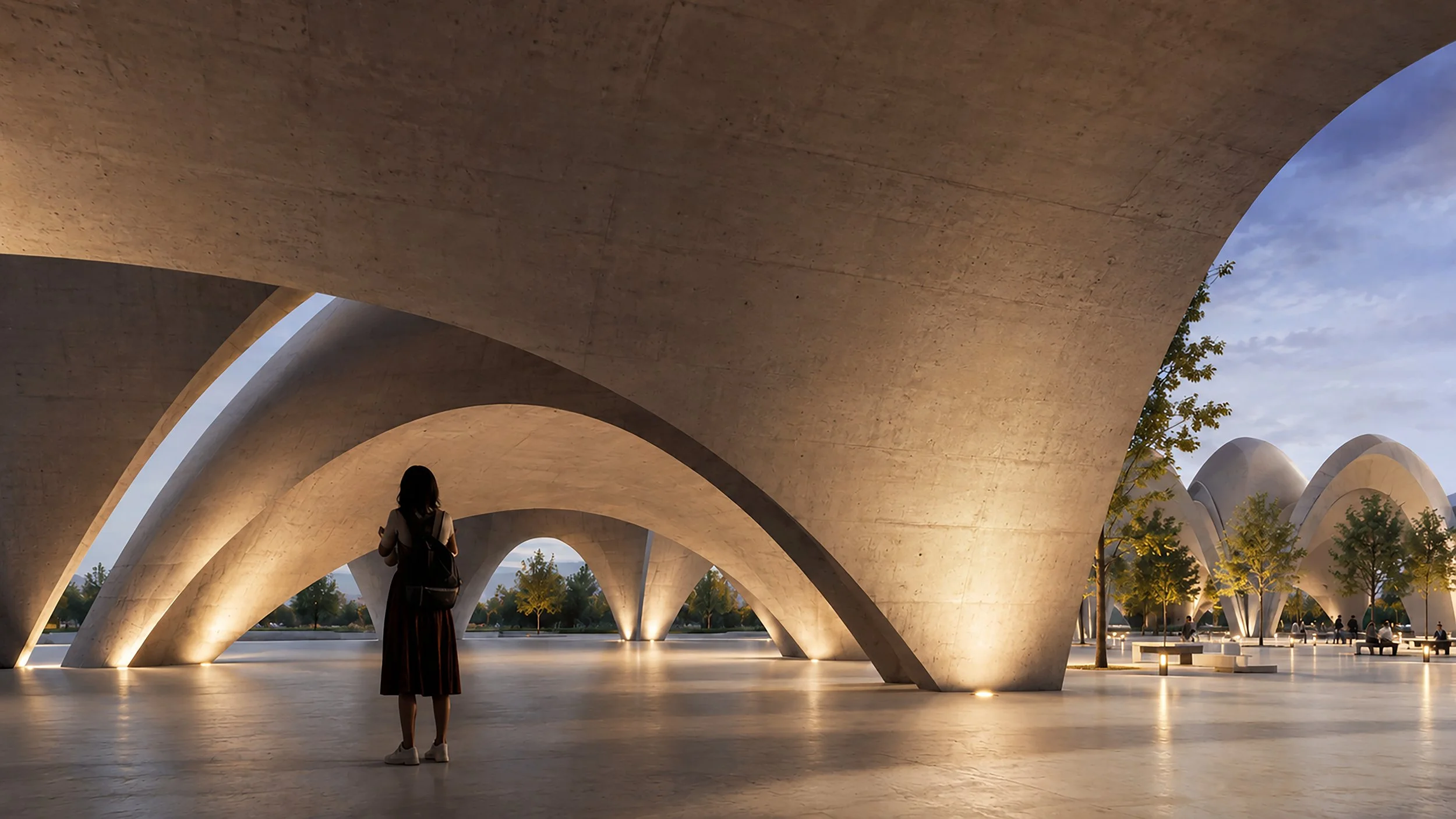 A woman standing under modern concrete arches at sunset with trees and people in the background.