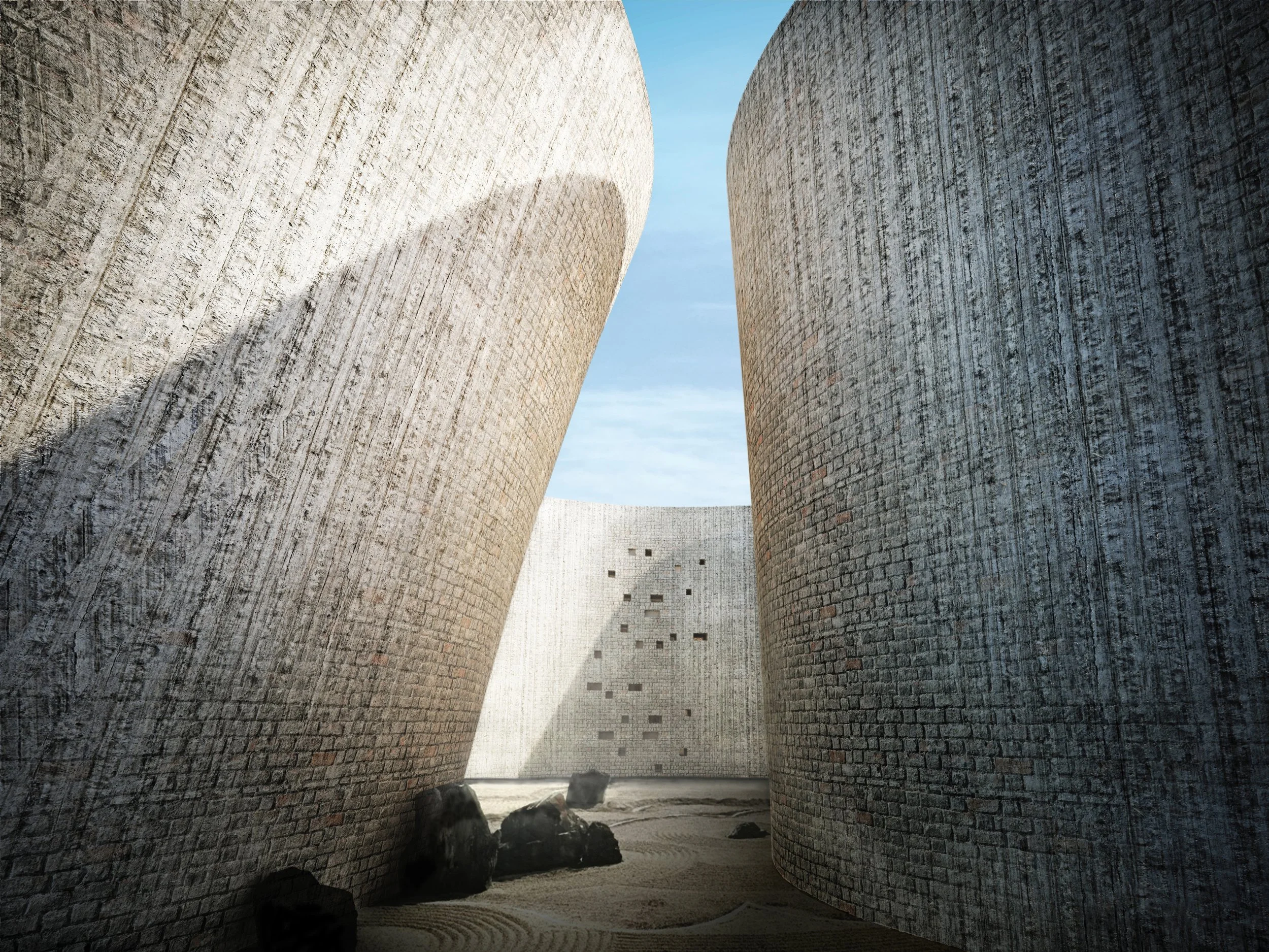 An architectural view of two massive curved brick walls with a small opening at the bottom, showing a clear sky above and rocks on the ground inside.