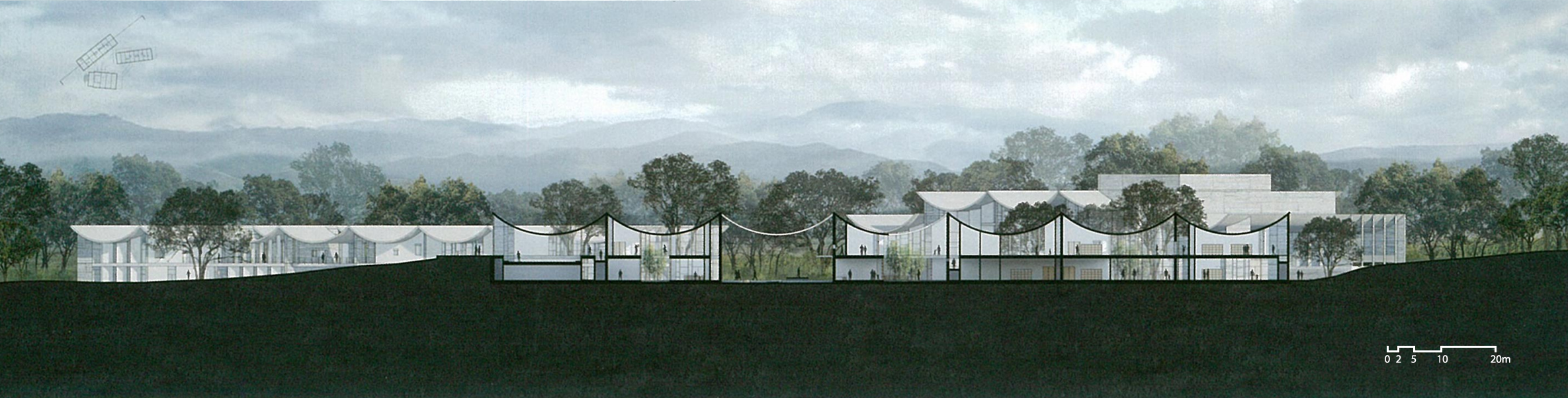 Architectural section drawing of a modern building complex set into a green landscape with trees, mountains in the background, and a scale bar indicating 20 meters.