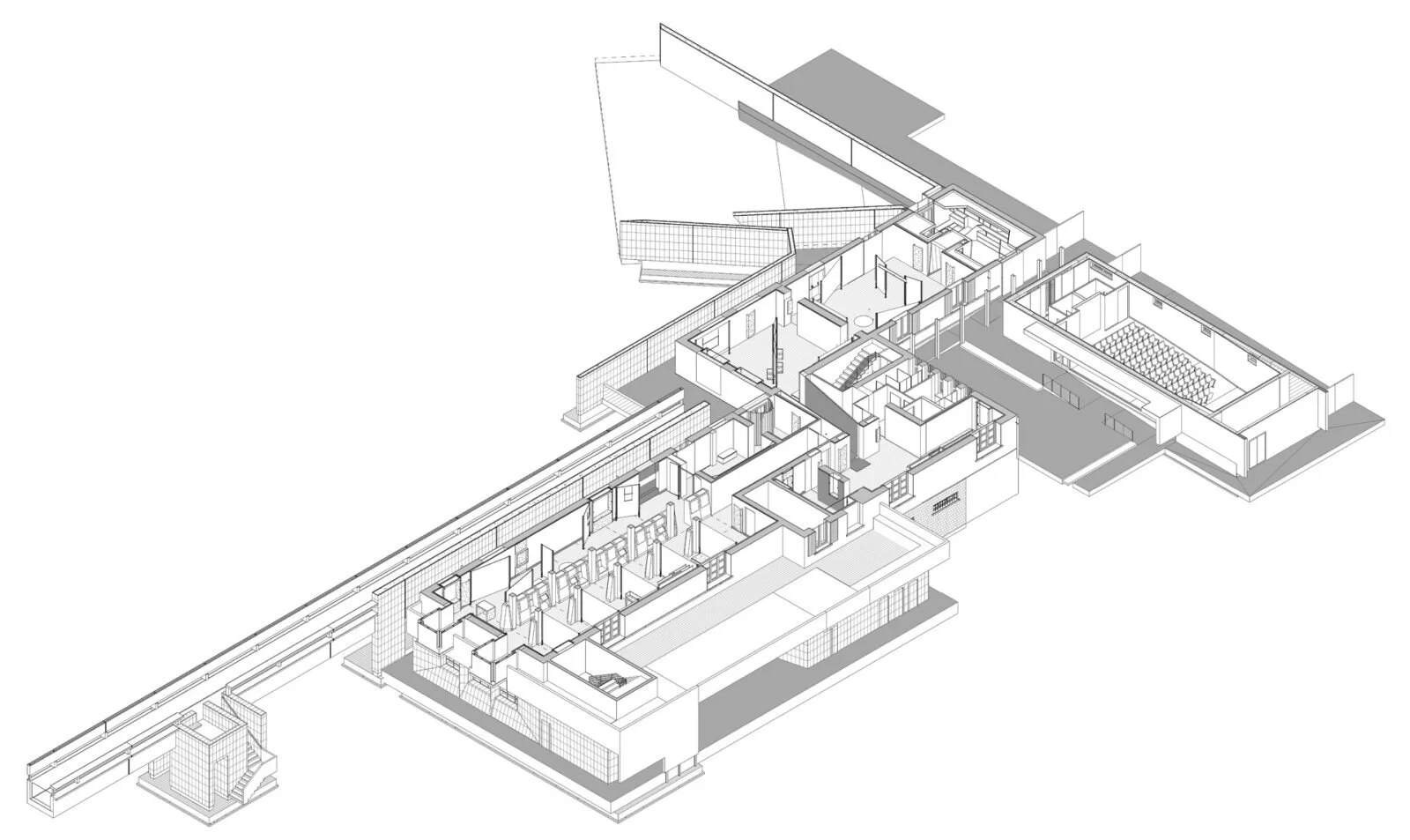 An architectural wireframe drawing of a multi-story building floor plan showing rooms and hallways.