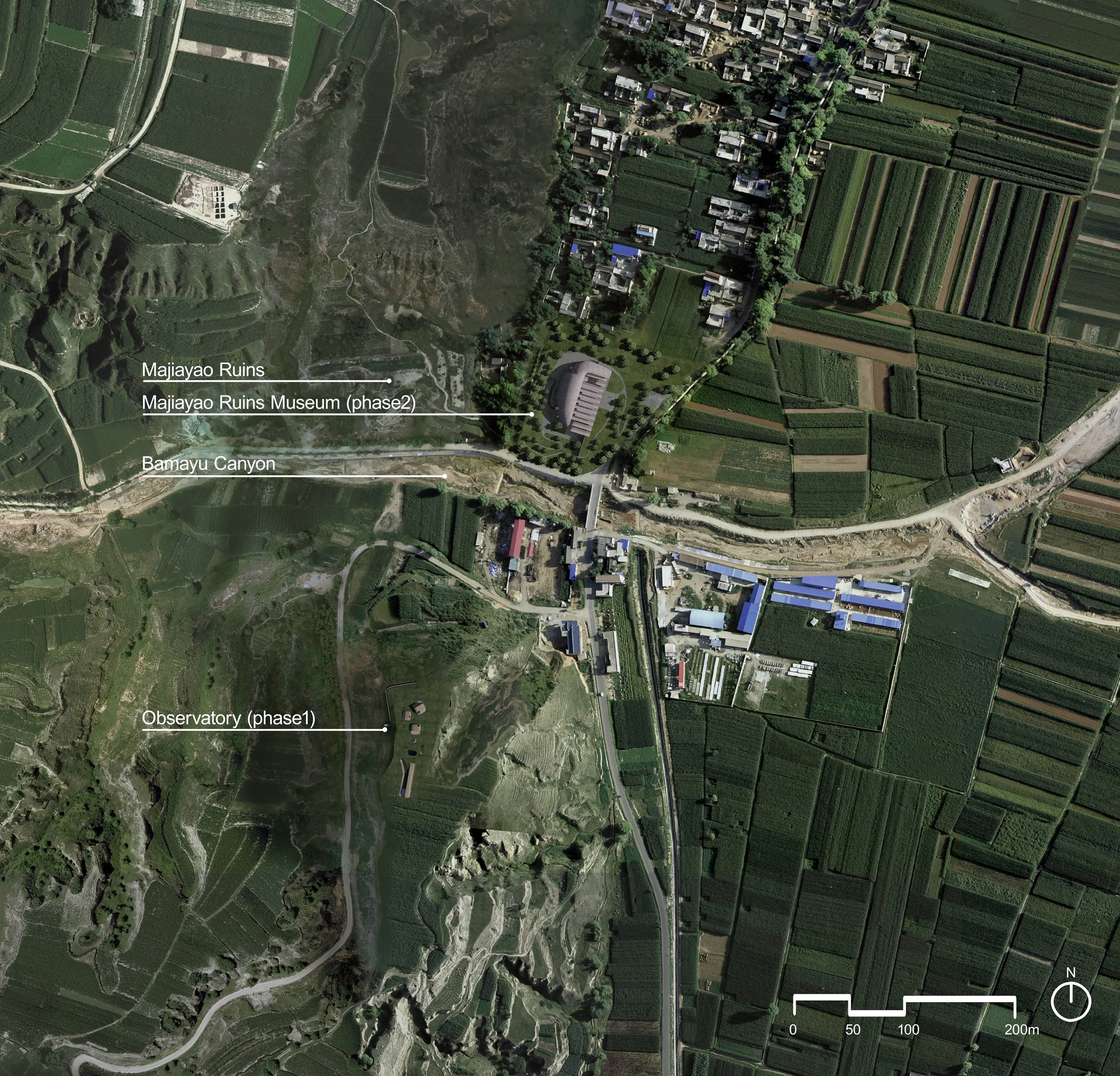A satellite view of Majiyao Ruins, Majiyao Ruins Museum (phase 2), Bamayu Canyon, showing agricultural fields, a river, a small village, and surrounding landscape with roads and pathways.