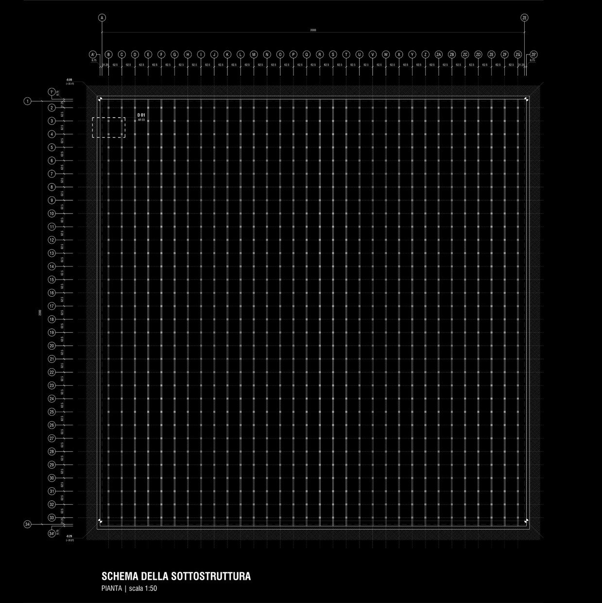 Architectural blueprint of a building's foundation layout with detailed grid and measurements.