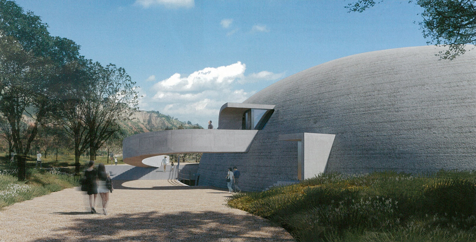 Modern concrete museum building with rounded shapes, large windows, and a balcony, surrounded by trees and people walking outdoors on a sunny day.