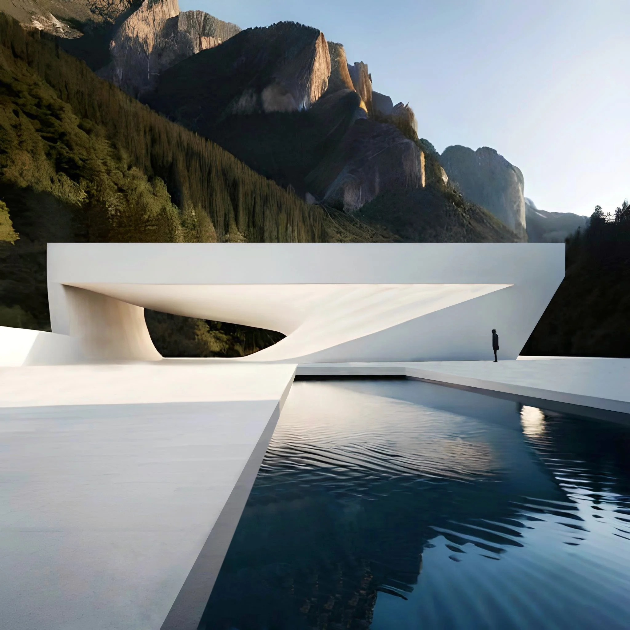 Modern white architectural structure with large geometric openings, set against a mountain landscape with steep cliffs and forested slopes near a body of water.