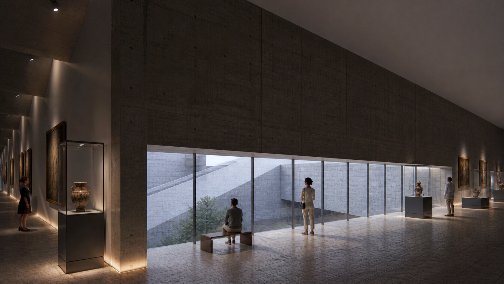 Interior of an art museum with sculptures in glass cases and paintings on the wall. Four people are present: one woman in black looking at art, one person sitting on a bench, another standing and looking at art, and a person in beige pants near the window.