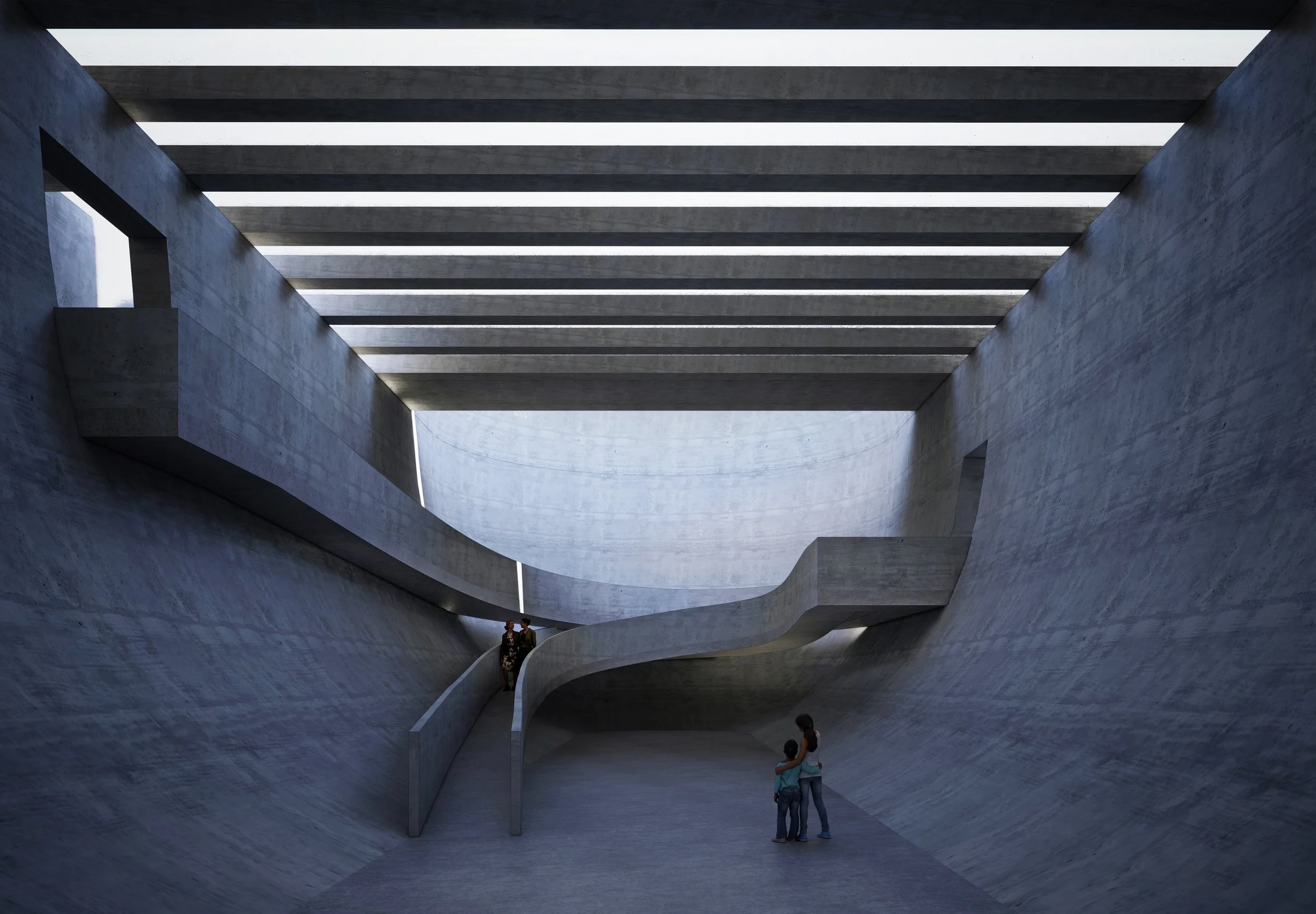 Two women and two children standing inside a modern concrete structure with a maze of curved walls and horizontal beams overhead, with natural light coming through the openings.