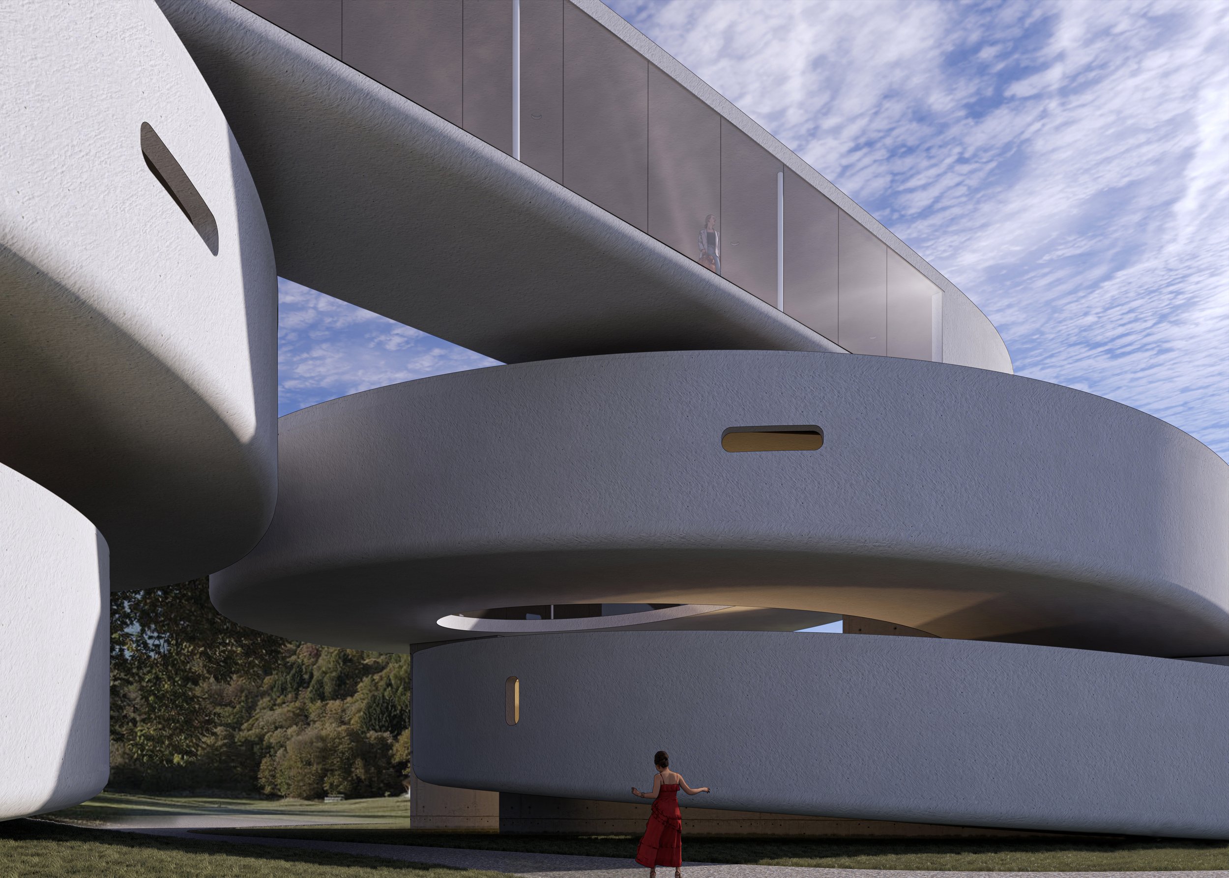 Modern white architectural structure with curved walls and an open space underneath, set outdoors with a blue sky and trees in the background. A woman in a red dress stands with her arms outstretched in front of the building.