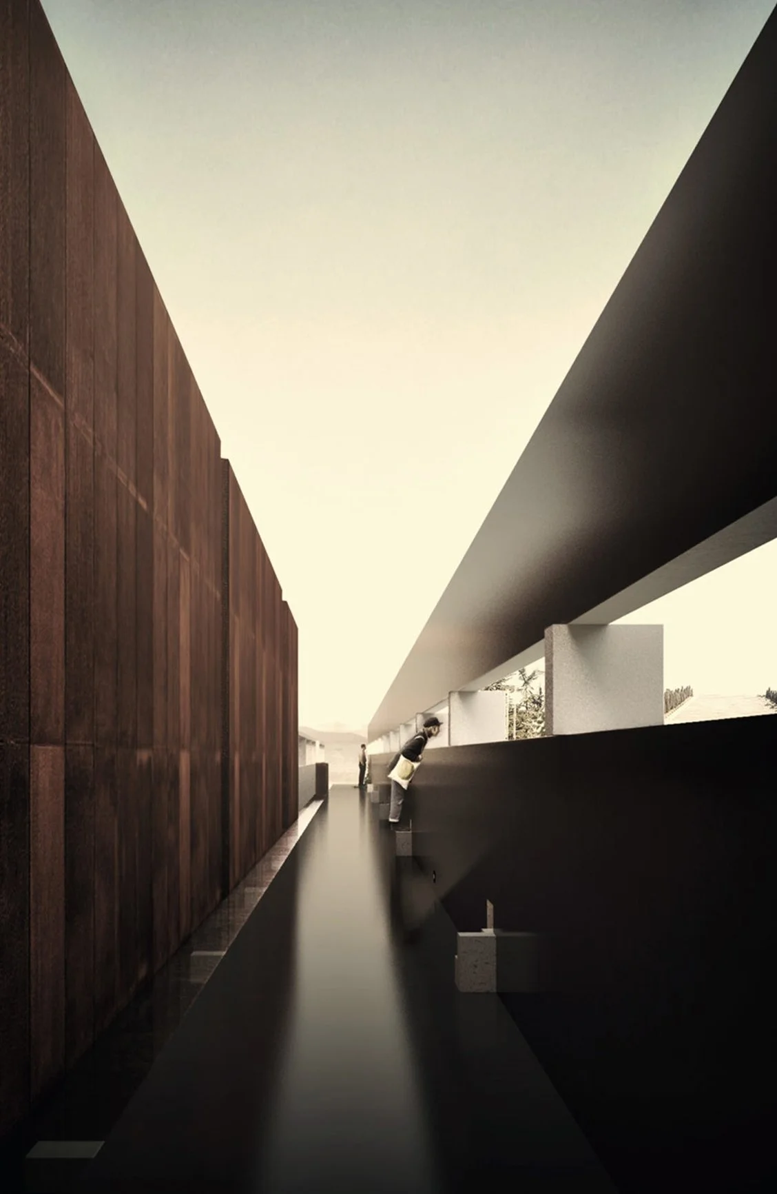Modern architectural corridor with dark flooring, wooden wall on the left, and white overhang with openings on the right. A person leans over a black railing, looking outward while others walk in the background.