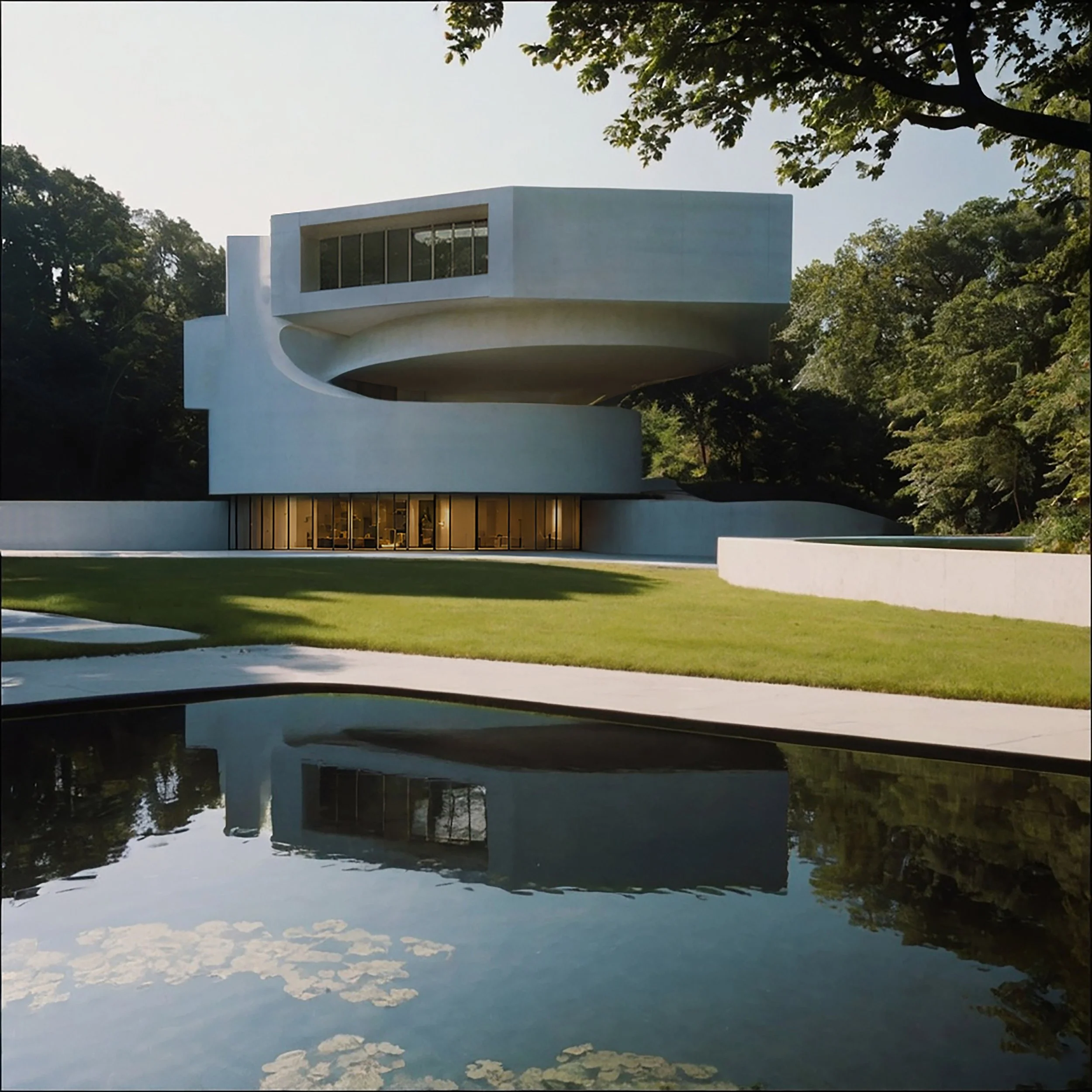 Modern white building with large glass windows surrounded by trees, with a reflection in a calm body of water.