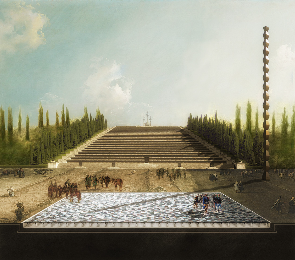 Historical scene illustrating an archaeological excavation with a large green staircase and modern structure, people on horses and on foot, trees lining the background, and a tall modern sculpture on the right side.