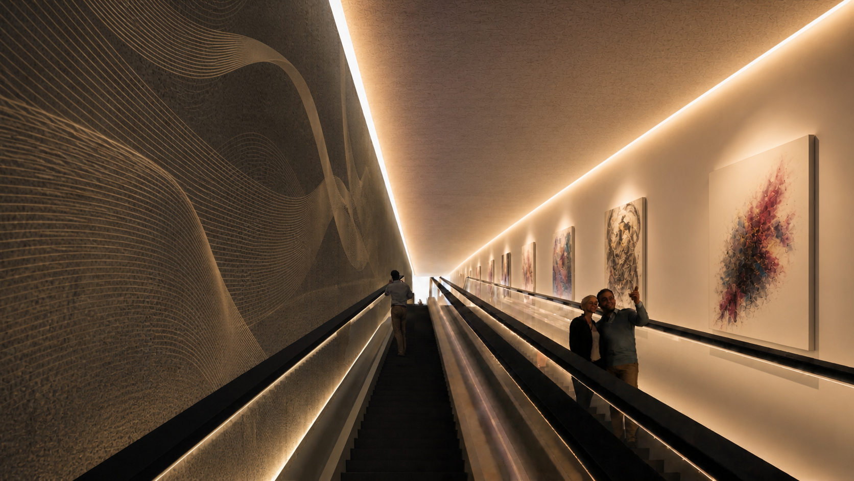 People riding an escalator in an art gallery with illuminated walls displaying colorful paintings and a large textured wall on the left with abstract geometric designs.