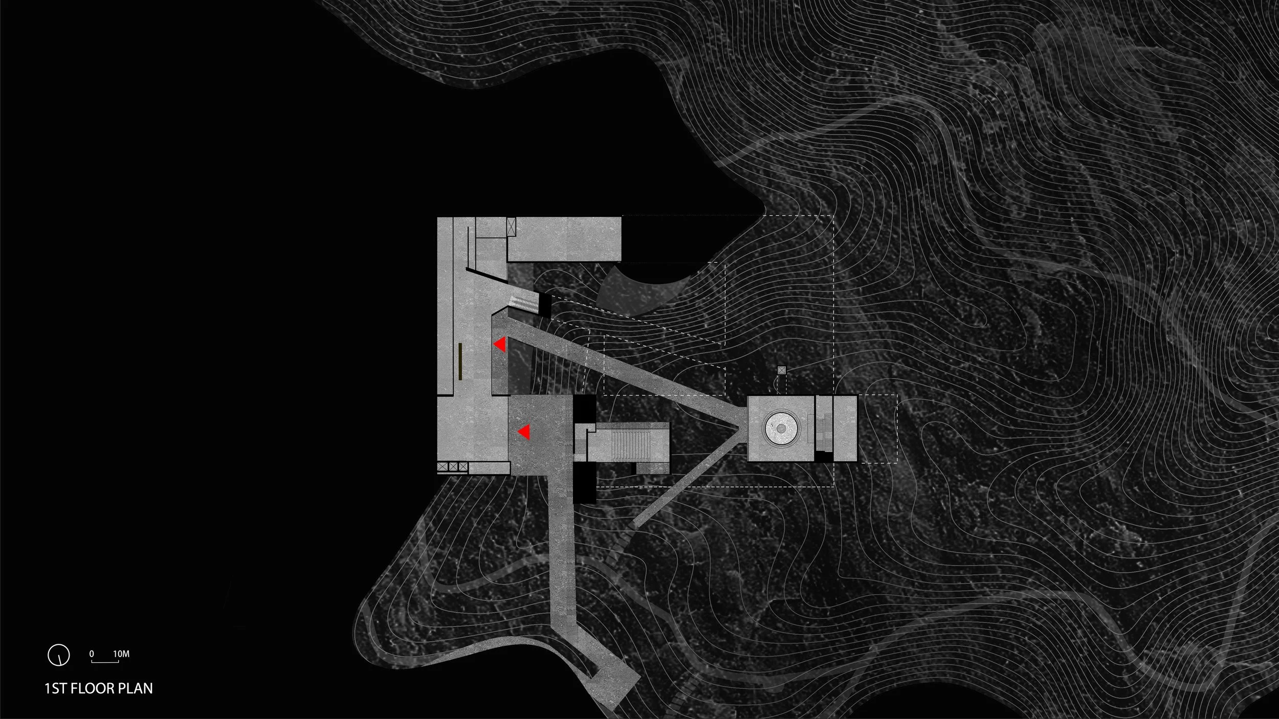 Architectural floor plan of a building's first floor, showing layout and pathways, with topographical lines indicating terrain elevation.