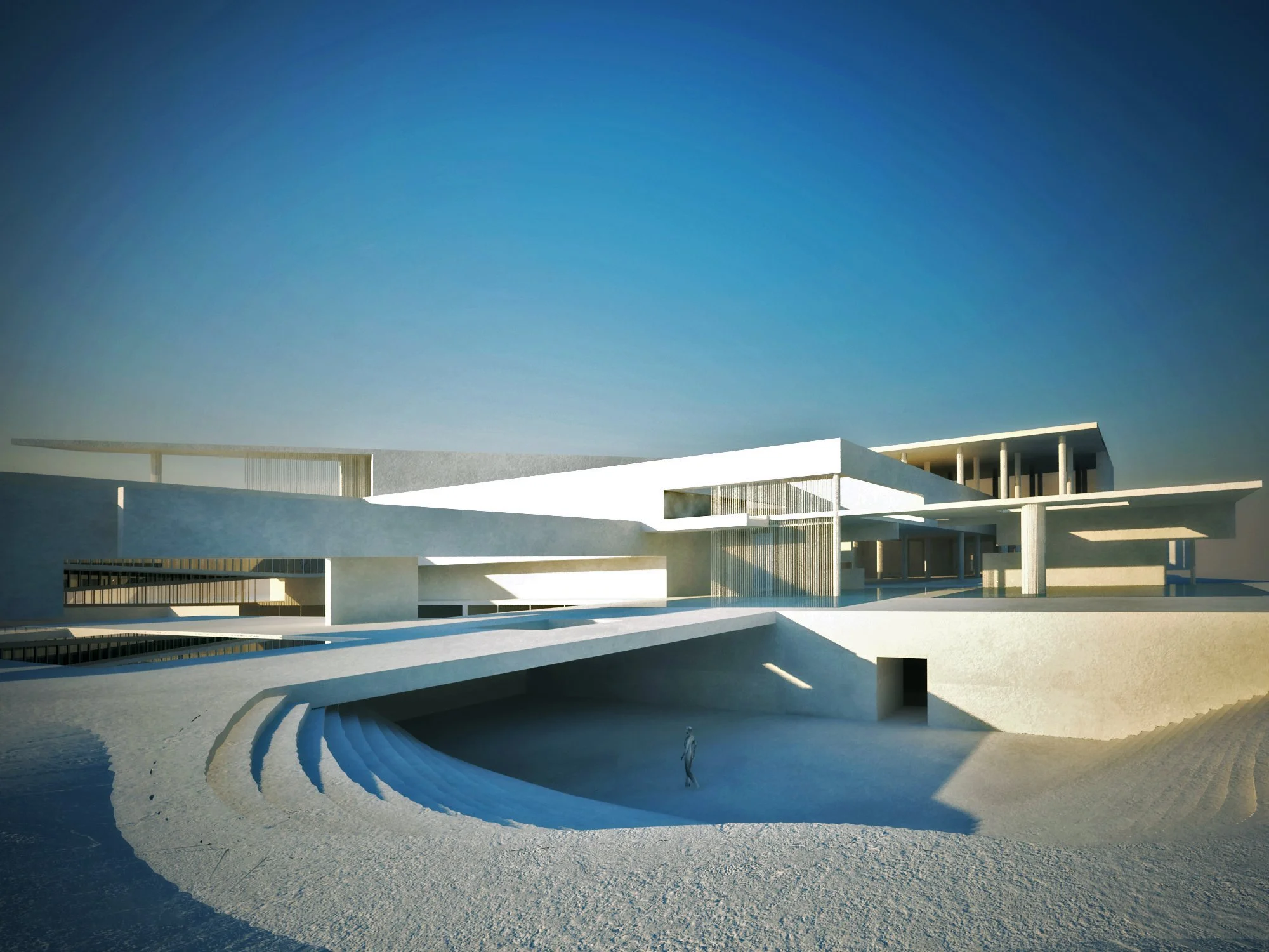 Modern minimalist white building with multiple levels and open spaces, featuring white terraces, columns, and an outdoor amphitheater with curved steps, set against a clear blue sky.