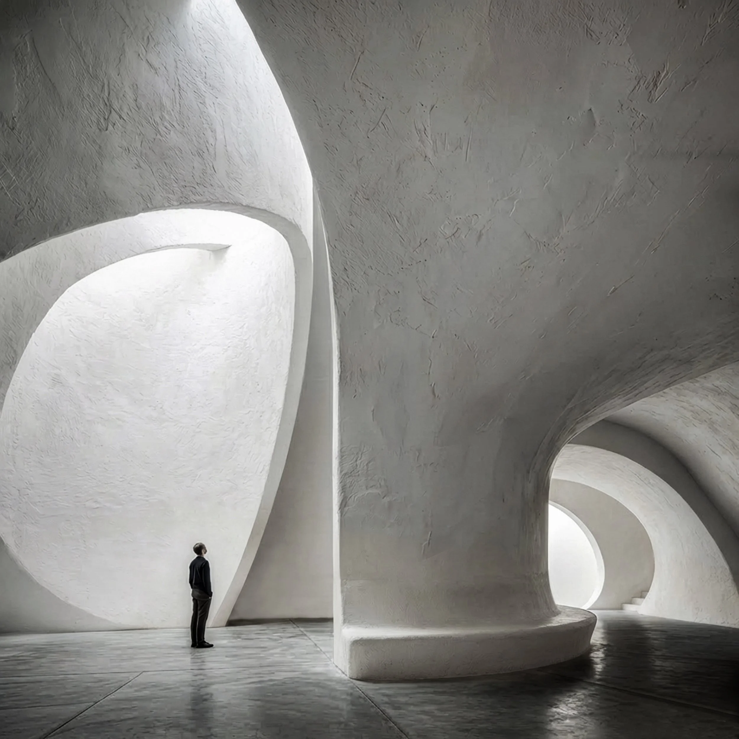 A person in a dark suit standing in a modern, curved white architectural space with textured walls and stairs, illuminated by natural light.