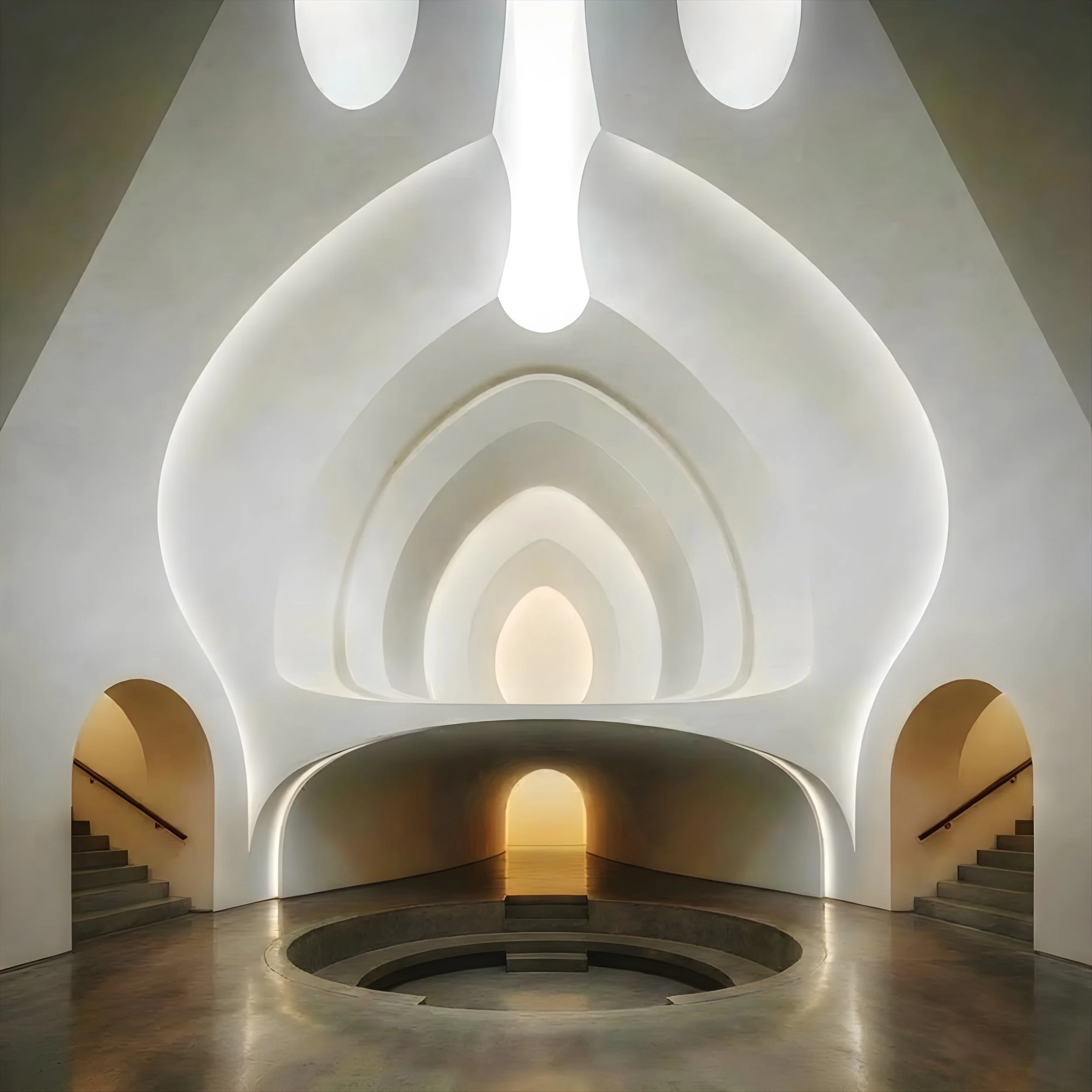 Interior view of a modern building with unique white curved architectural ceiling design and a circular oculus in the center, stairs on both sides leading to the upper level, dim lighting, and a polished wooden floor.