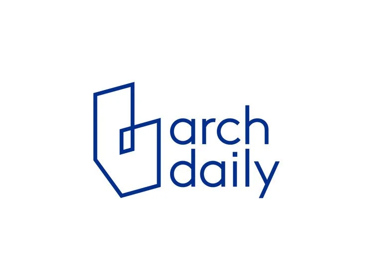 Logo with an abstract building outline and the words 'arch daily' in blue